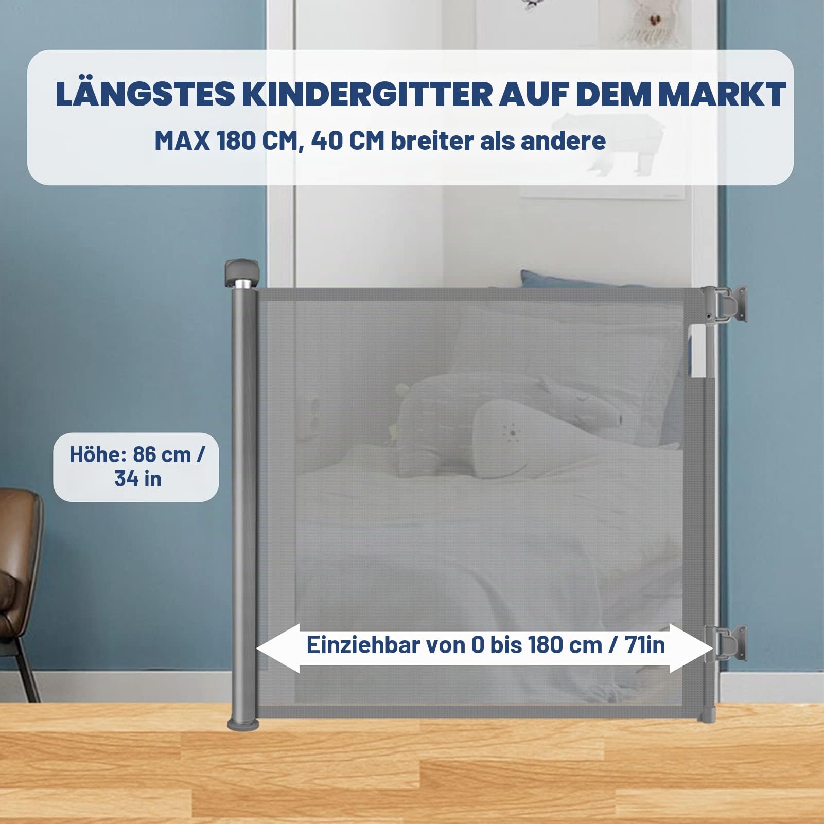 HollyHOME Treppenschutzgitter Ausziehbar 0-180cm, Extra Breit Babygitter, Einhandbedienung, Türschutzgitter für Babys und Haustiere, Kinderschutzgitter, Maschengitter für Treppen,Türen,Flure,Grau