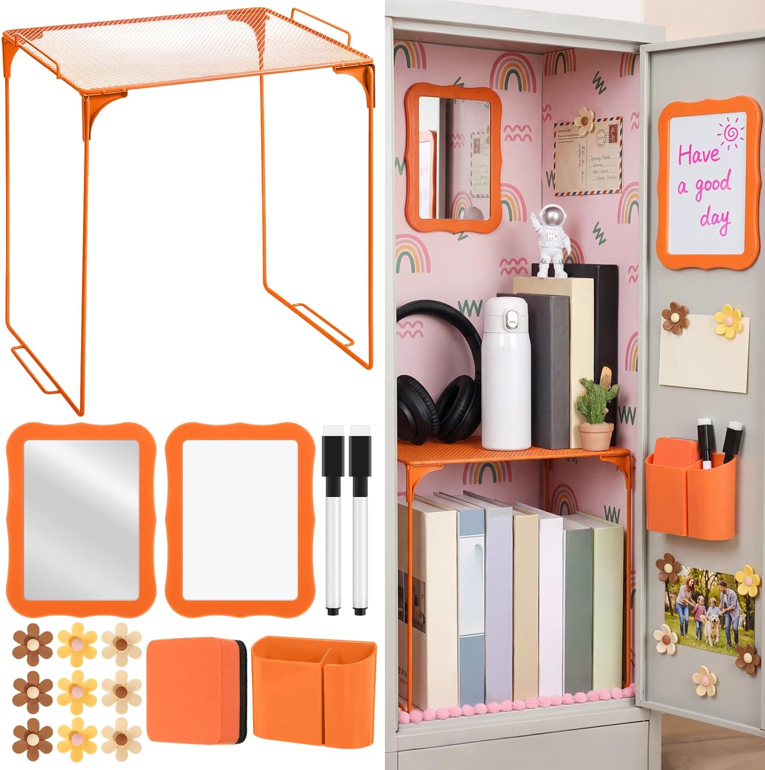 Colarr 16 Pcs Orange Locker Accessories for Girls Includes Magnetic Whiteboard & Mirror Locker Shelf Pen Holder 2 Dry Erase Marker & Eraser 9 Flowers for Back to School Essentials Decoration