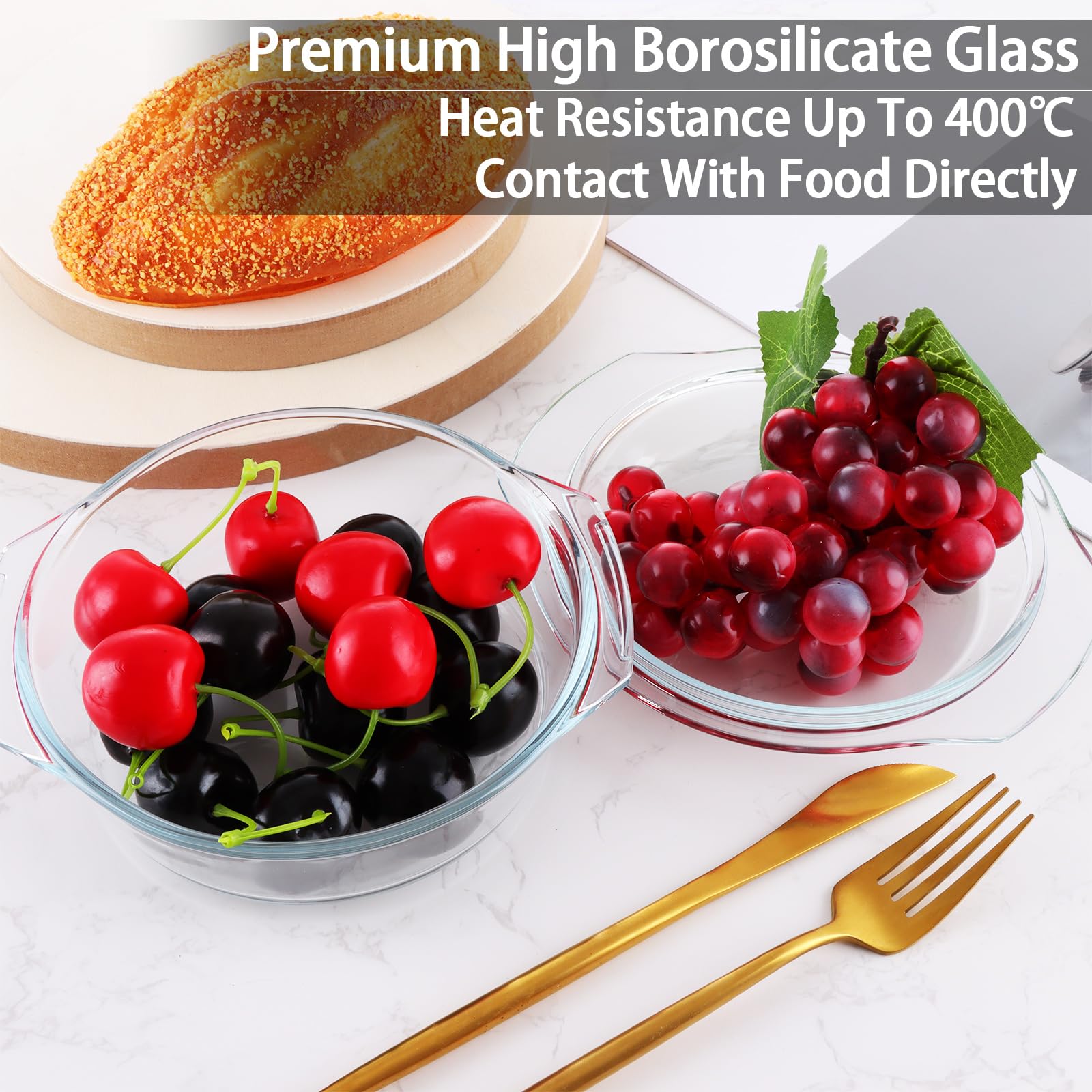 Lot de 2 petites cocottes rondes en verre de 0,7 l avec couvercle, 16 cm, plat de cuisson individuel en verre résistant au four pour aliments, pâtisserie, service