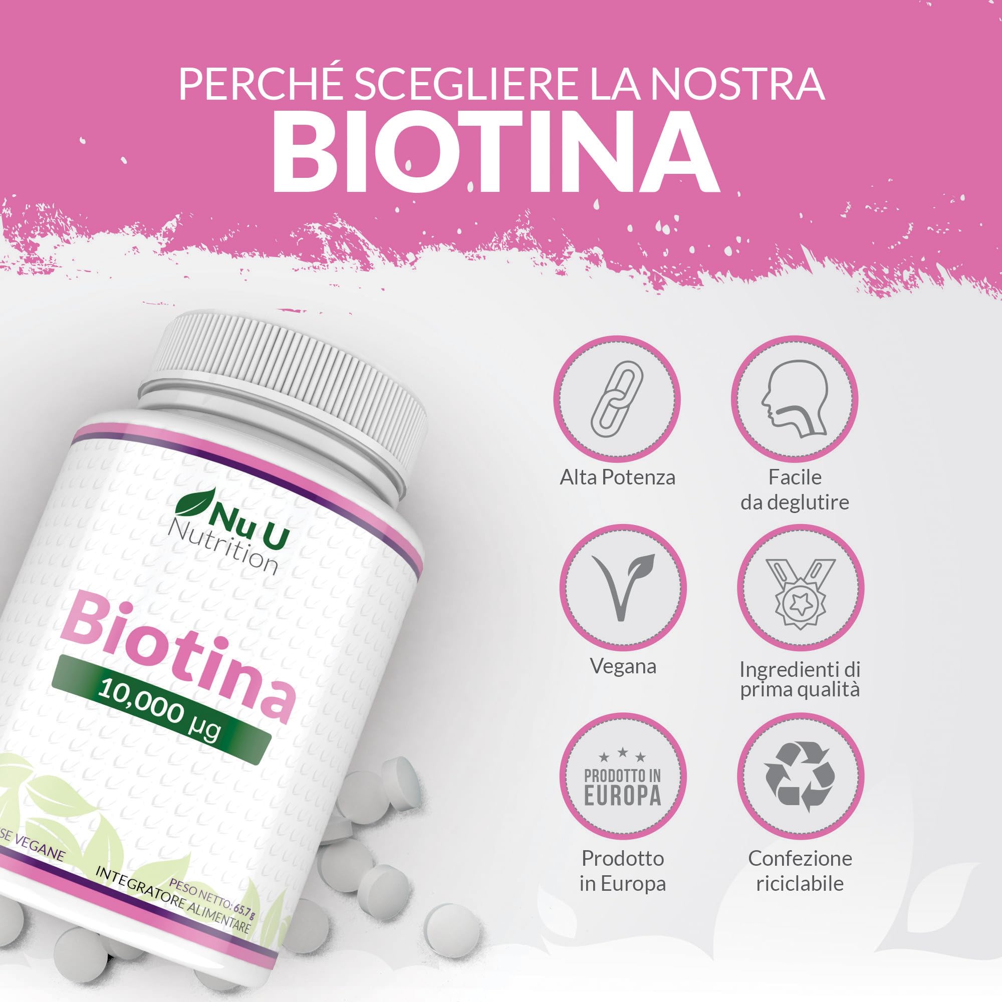 Biotina 10000 mcg - 365 Compresse Vegane - 1 Anno di Trattamento - Integratore per Crescita Capelli, Unghie & Pelle - Prodotto in Europa - Nu U Nutrition
