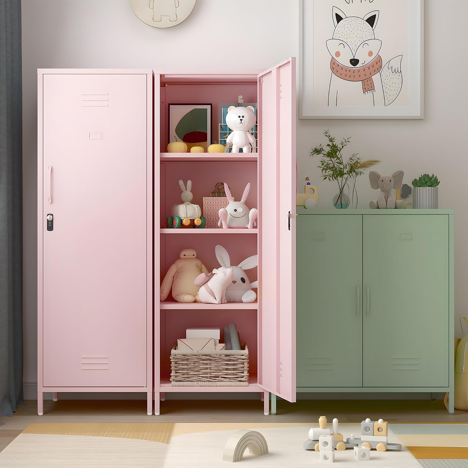 Metal Pantry Storage Cabinet Locking Storage Cabinet Office Storage Cabinet for School Gym Kitchen (Pink)