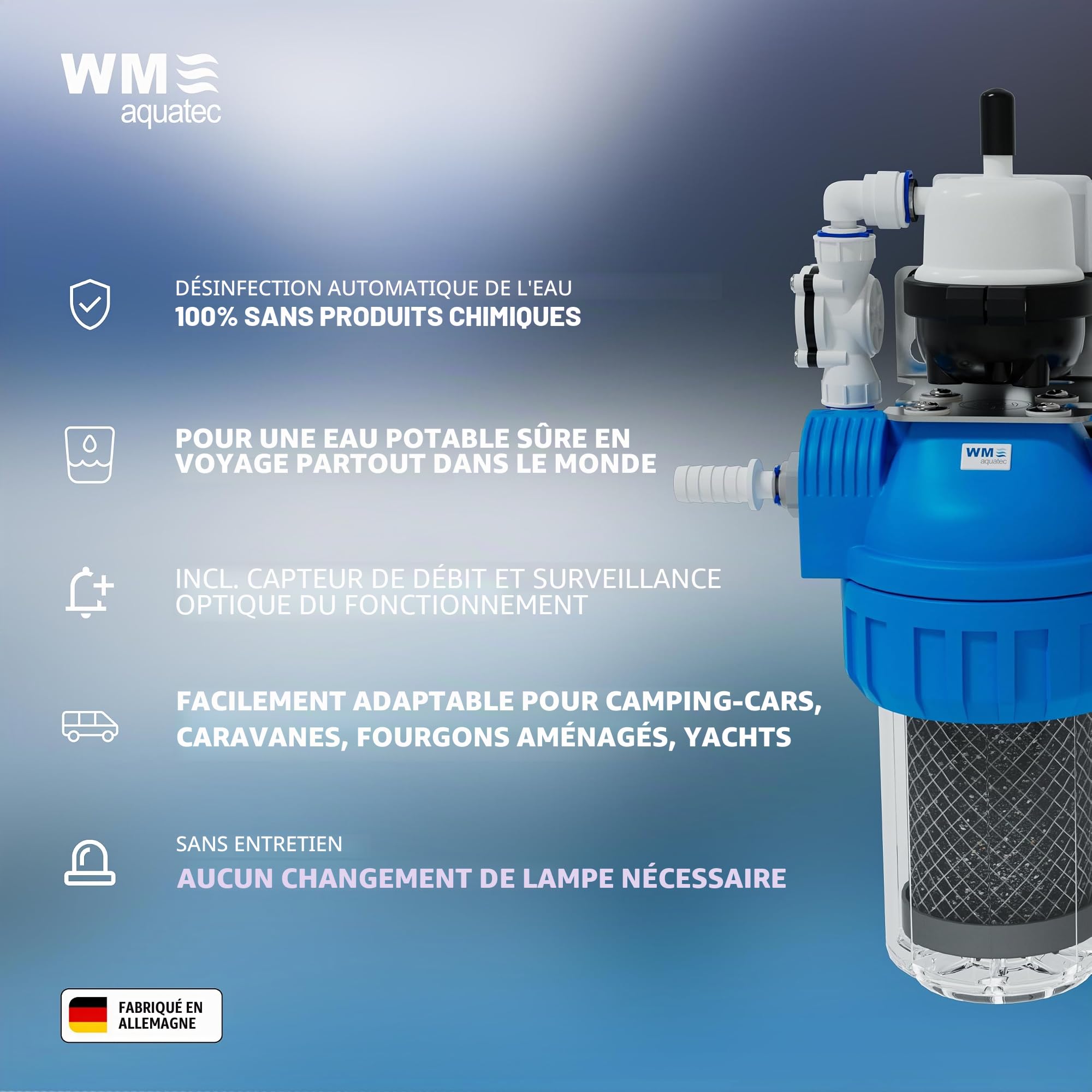 WM aquatec UV-8 eco KLW Solution complète d'hygiène de l'eau pour camping-cars, caravanes et bateaux - Préfiltre à charbon actif et désinfection LED UV-C entièrement automatique - Installation facile