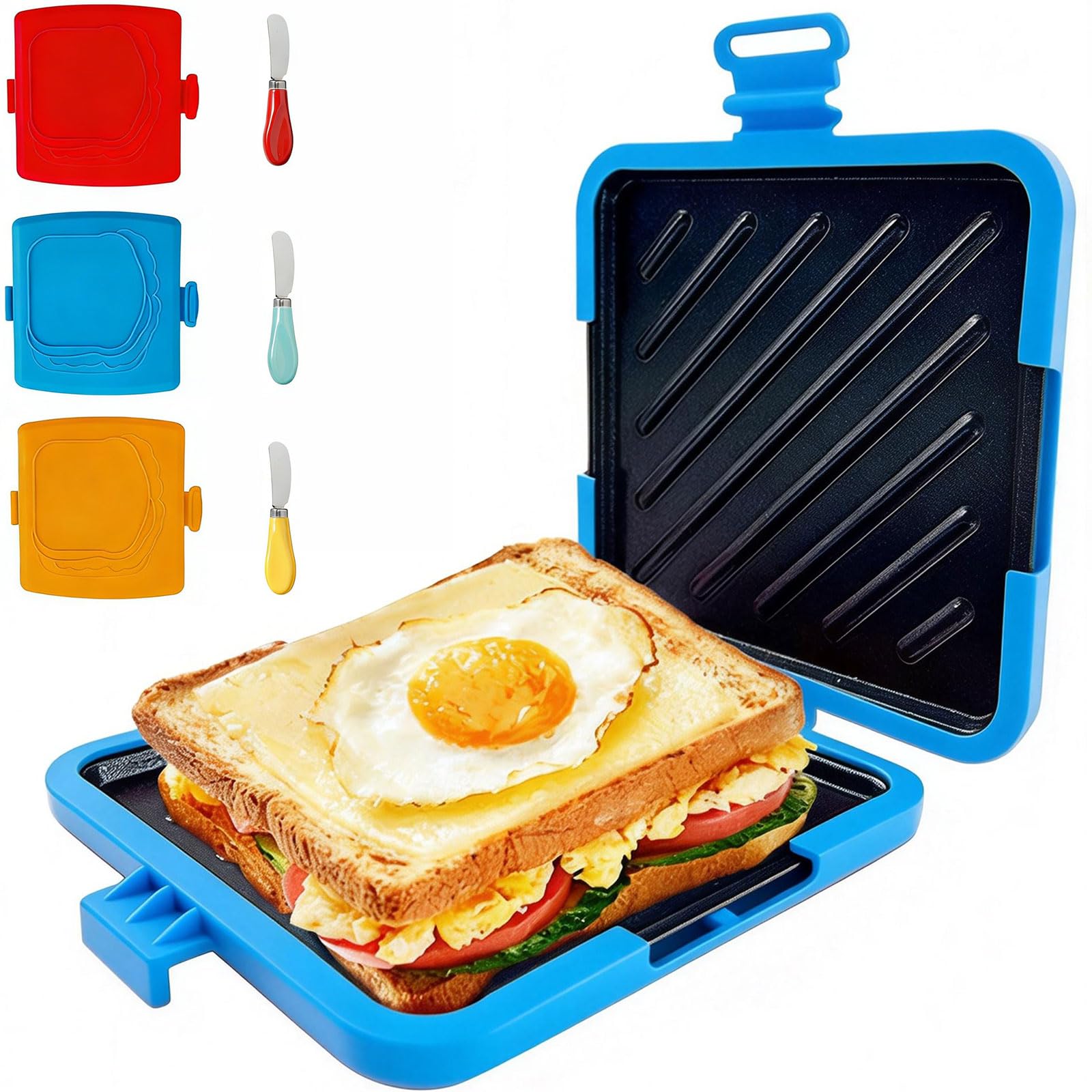 Microwave Toastie Sandwich Maker, Sandwich Toaster with Butter Knife, Panini Presses, Silicone Microwaveable Cookware for Quick Breakfasts, Grilled Cheese, Tuna Melts and Ham, Dishwasher Safe (Blue) — image 1