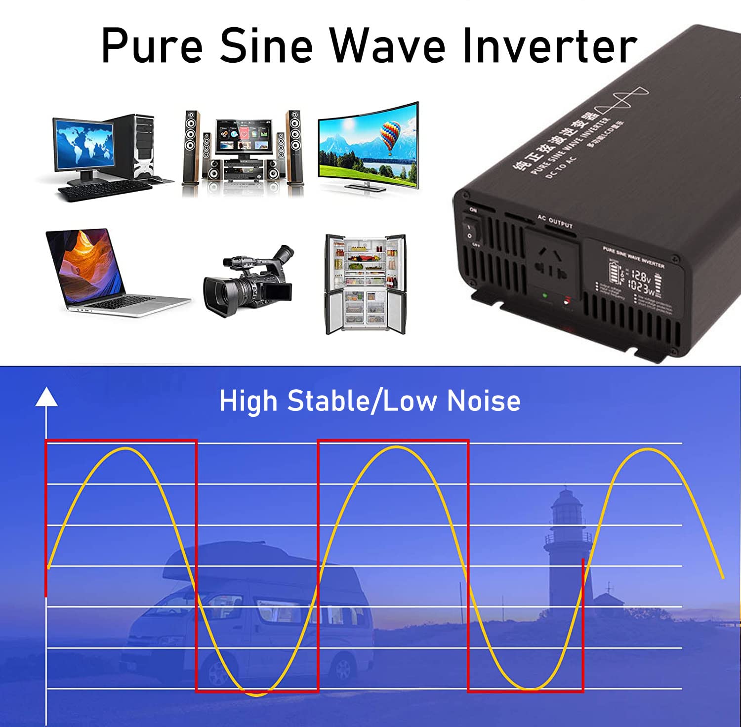BLANKX Onda Sinusoidal Pura Inversor 600W 1000W 2000W 3000W DC 12V/24V a Ca 220V Transformador Convertidor con De AC Inversor De Coche con Pantalla Digital,para Camping,Viajes,1000W-72Vto220V