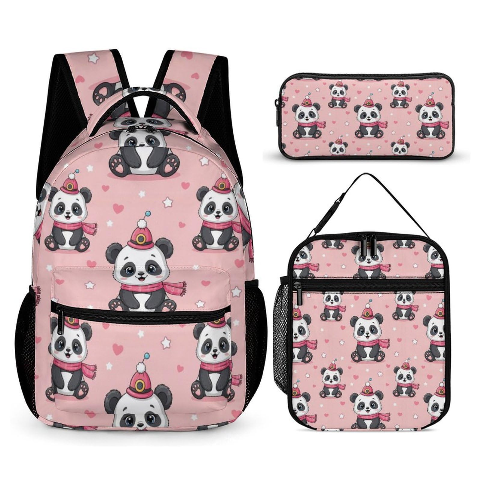 Ensemble sac à dos Panda mignon (10) avec boîte à lunch, trousse de maquillage et accessoires de toilette