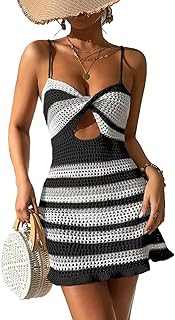 Herseas Womens Bathing Suit Cover Ups Crochet Swimsuits Striped Cut Out Skirt 2024 Summer Swimwear Beach Cami Dress
