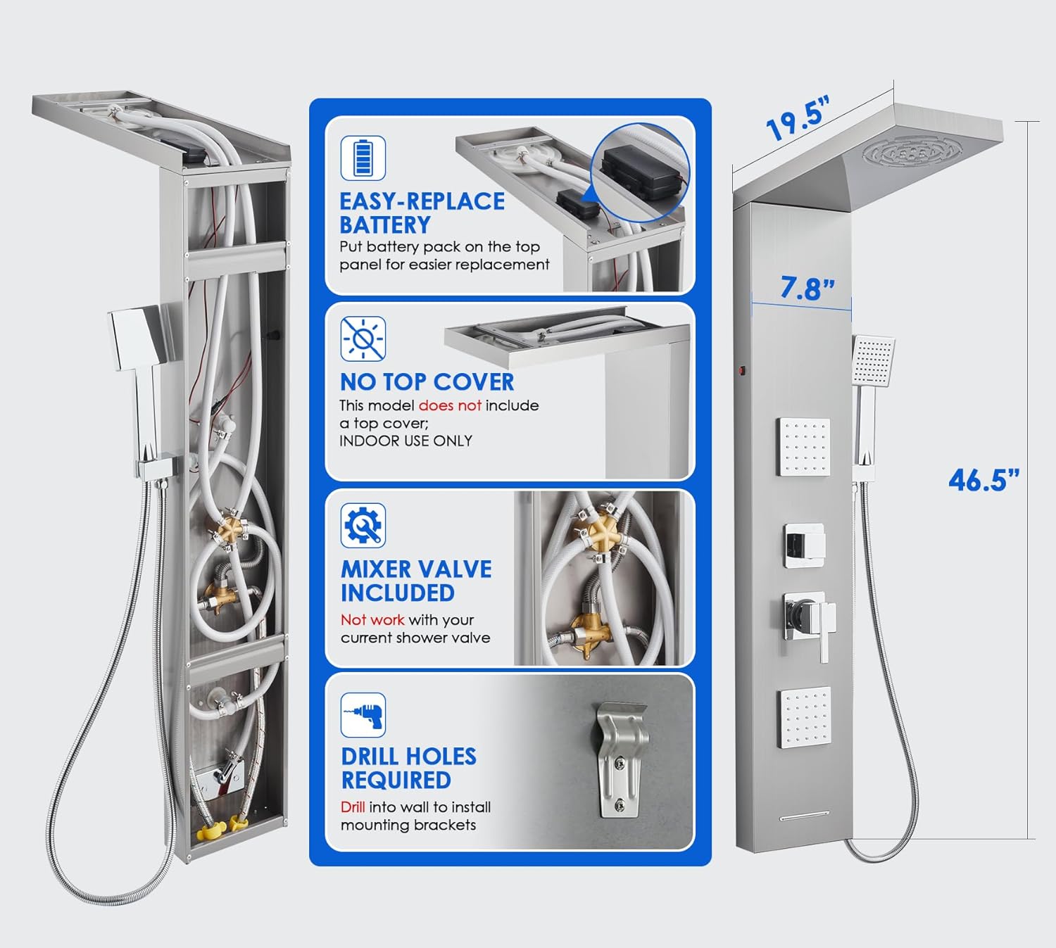 ROVOGO Shower Panel Tower System with Led Lights, 2-Setting Shower Head, Body Jets, Handheld and Tub Spout, Stainless Steel Shower Column with Mixer Valve, 46.5", Brushed