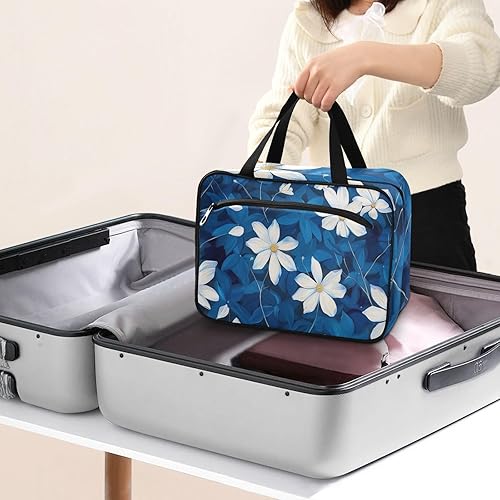 Miniatura 8 de FLORES y blancos Azul oscuro Elegantes bolsos colgantes para mujer impermeable con gancho, diseñador impermeable acolchado bolsa de maquillaje