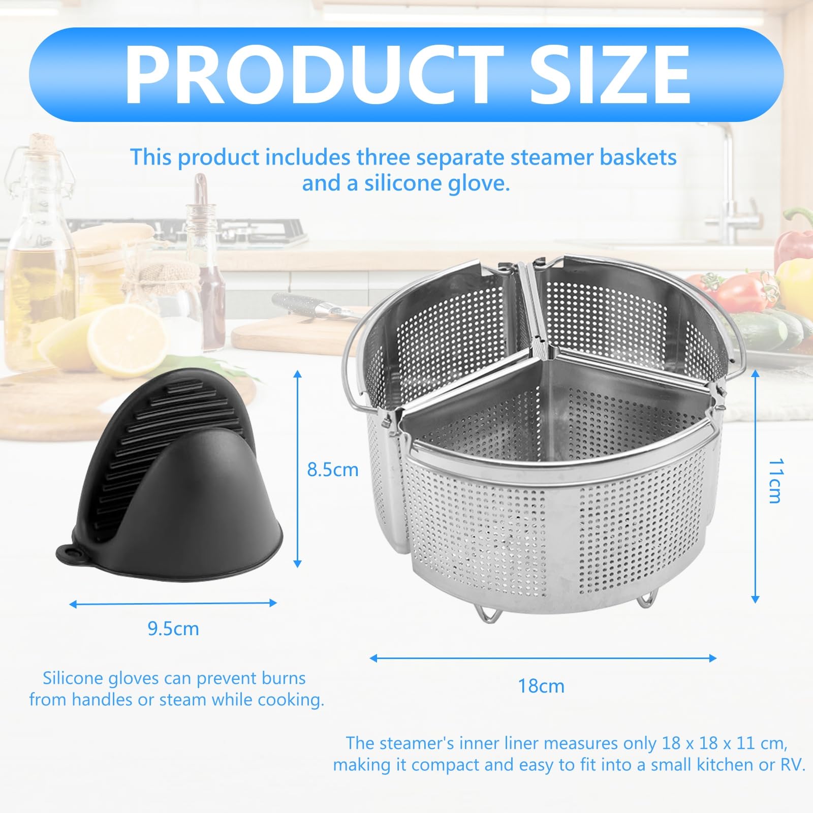 Separadores para Buque de Vapor, 3 Piezas Vaporera Acero Inoxidable con Guantes de Silicona 18 x 18 x 11 cm Cesta de Drenaje con Mango y Base Cestas Divisoras para Pasta Verduras Mariscos Pequeños