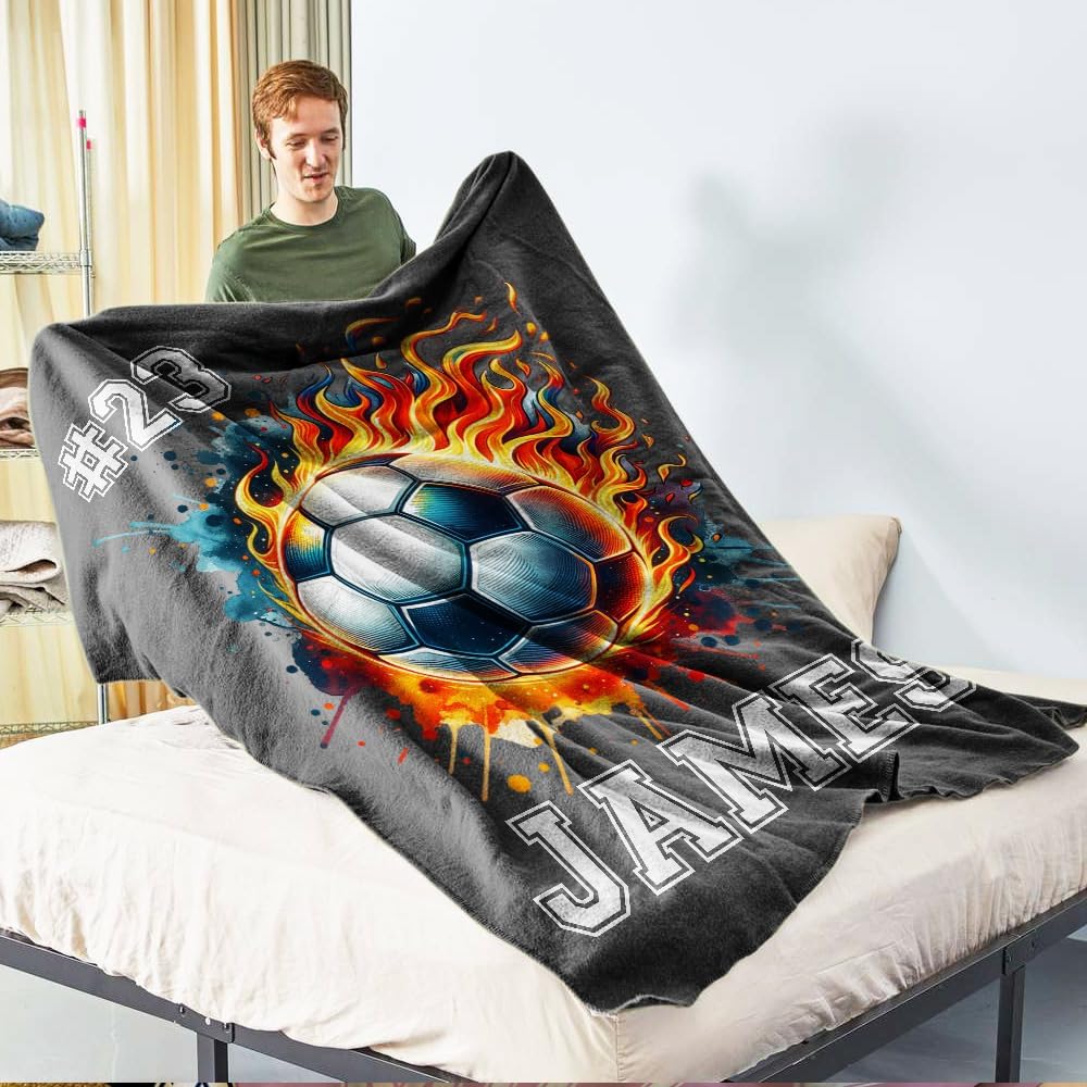 Throw Blanket Personalized Flaming Football Sports Basketball | Custom Sports Blanket with Name and Number | Gift for Team Ball Games Lovers