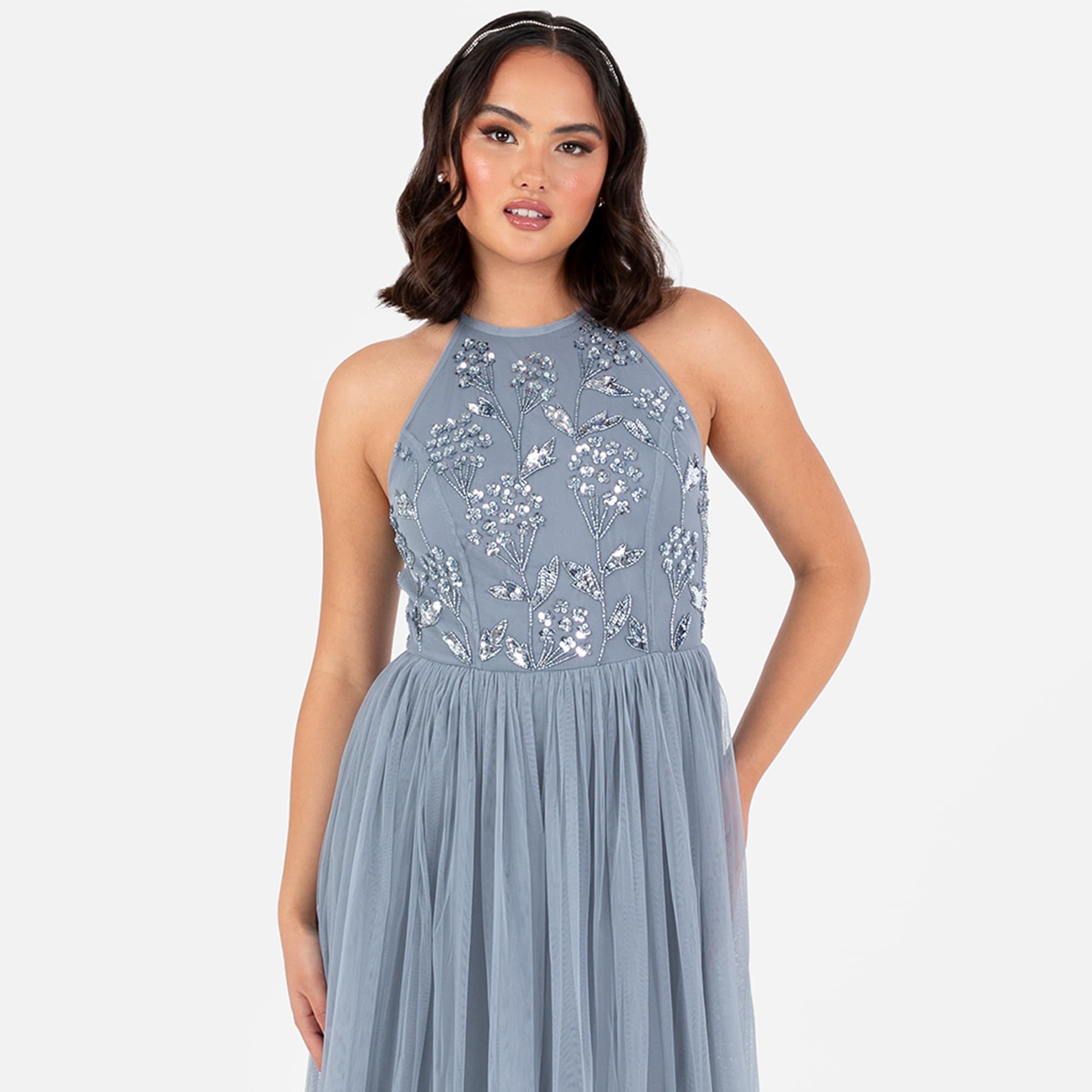 Maya Deluxe Women's Maxi Dress Ladies Halterneck Sleeveless Floral Sequin Embellished Tulle A-Line Bridesmaid Prom Ball Gown Dress Mujer (Pack de 1)
