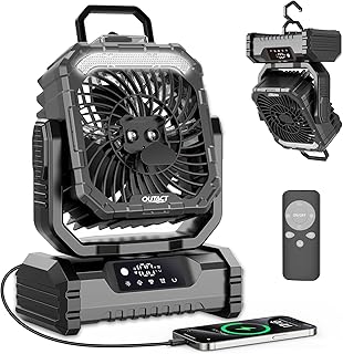 Camping Ventilator 20000mAh, Wiederaufladbarer Tischventilator USB Ventilator mit LED Licht & Haken, 270° Drehung mit Fernbedienung, Misting Fan für Outdoor, Zelt, Grillen, Strand - Schwarz