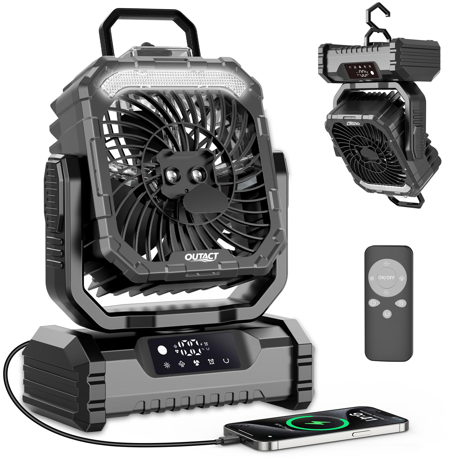 Camping Ventilator 20000mAh, Wiederaufladbarer Tischventilator USB Ventilator mit LED Licht & Haken, 270° Drehung mit Fernbedienung, Misting Fan für Outdoor, Zelt, Grillen, Strand - Schwarz