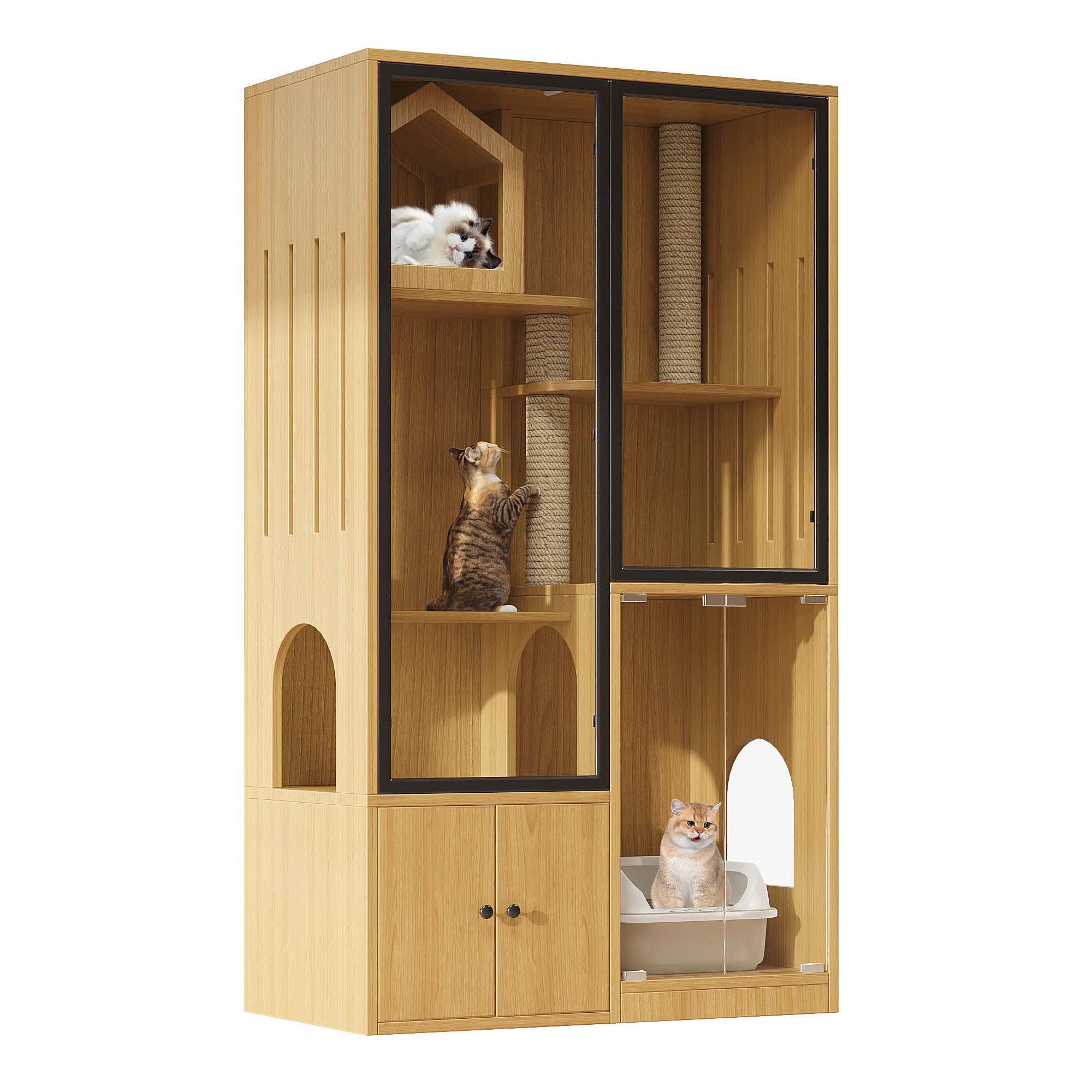 Grande casa per gatti in vetro a 4 piani - Villa per gatti in legno con tiragraffi, resistente alle intemperie e all'inverno - Per interni ed esterni - Colore legno di acero giallo - 90