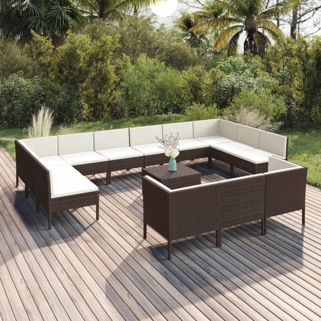 Modern Outdoor Lounge Set with Brown PE Rattan and Powder-Coated Steel Frame, 14-Piece Modular Patio Furniture Set with Removable Waterproof Cushions for Balcony Garden