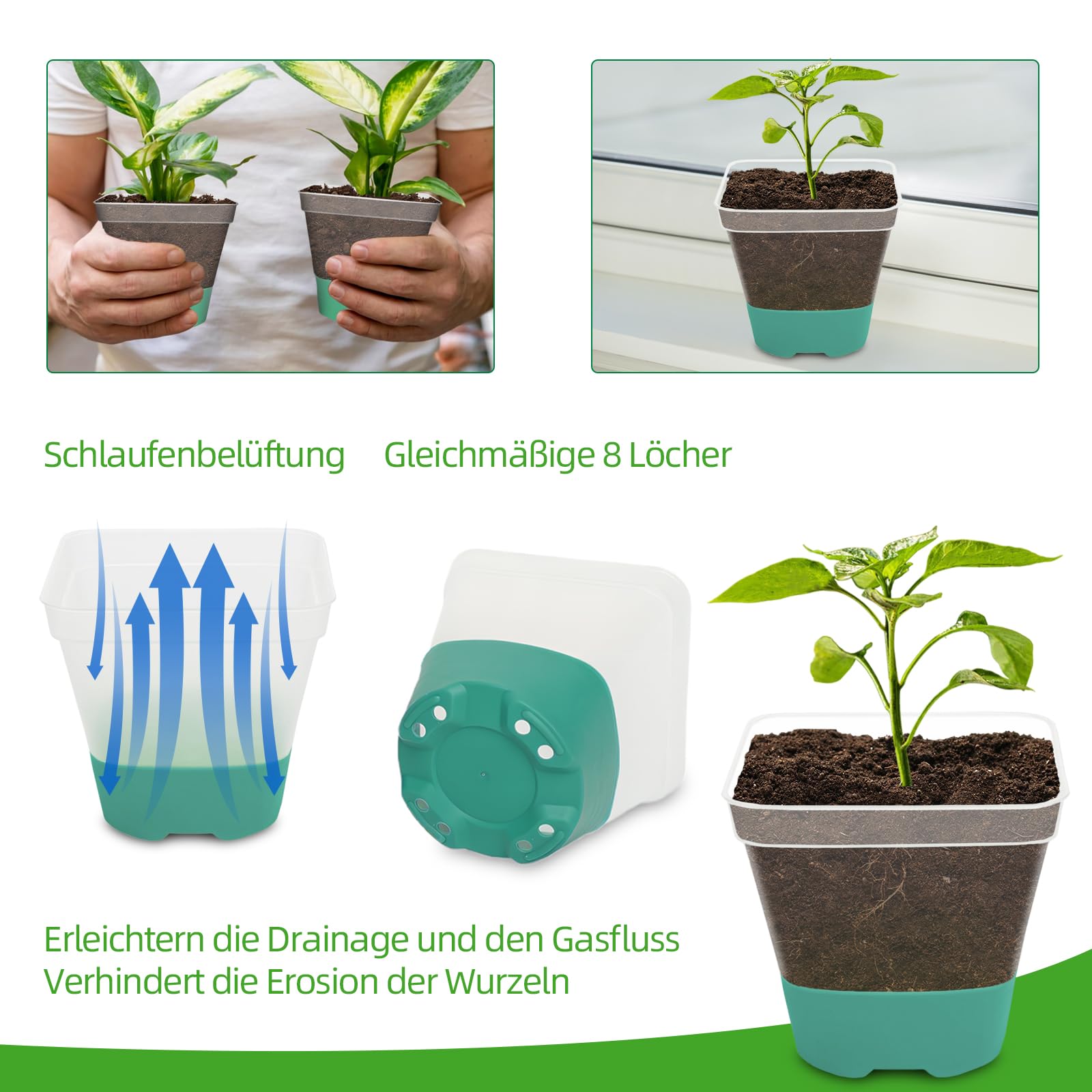 CNNIK Pack of 12 Propagation Pots with Silicone Base Flower Pot Plastic Square Seedlings Propagation Pots Planters for Plant Growing for Indoor Outdoor Use Green - Image 3
