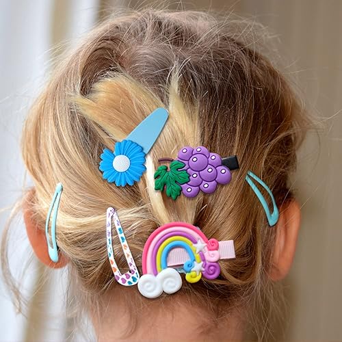Miniatura 7 de Juego de 56 pinzas para el cabello, lindos accesorios para el cabello de bebé niña con diseño de arcoíris, caramelo, flor, fruta, horquillas,