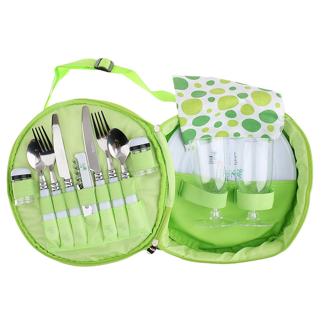 Camping Set Pique-nique 2 Personnes Sac Ronde Portable avec Couverts,Verre, Bouteilles de Poivre,Ouvre-bouteille - vert, 26cm x 26cm x 8cm