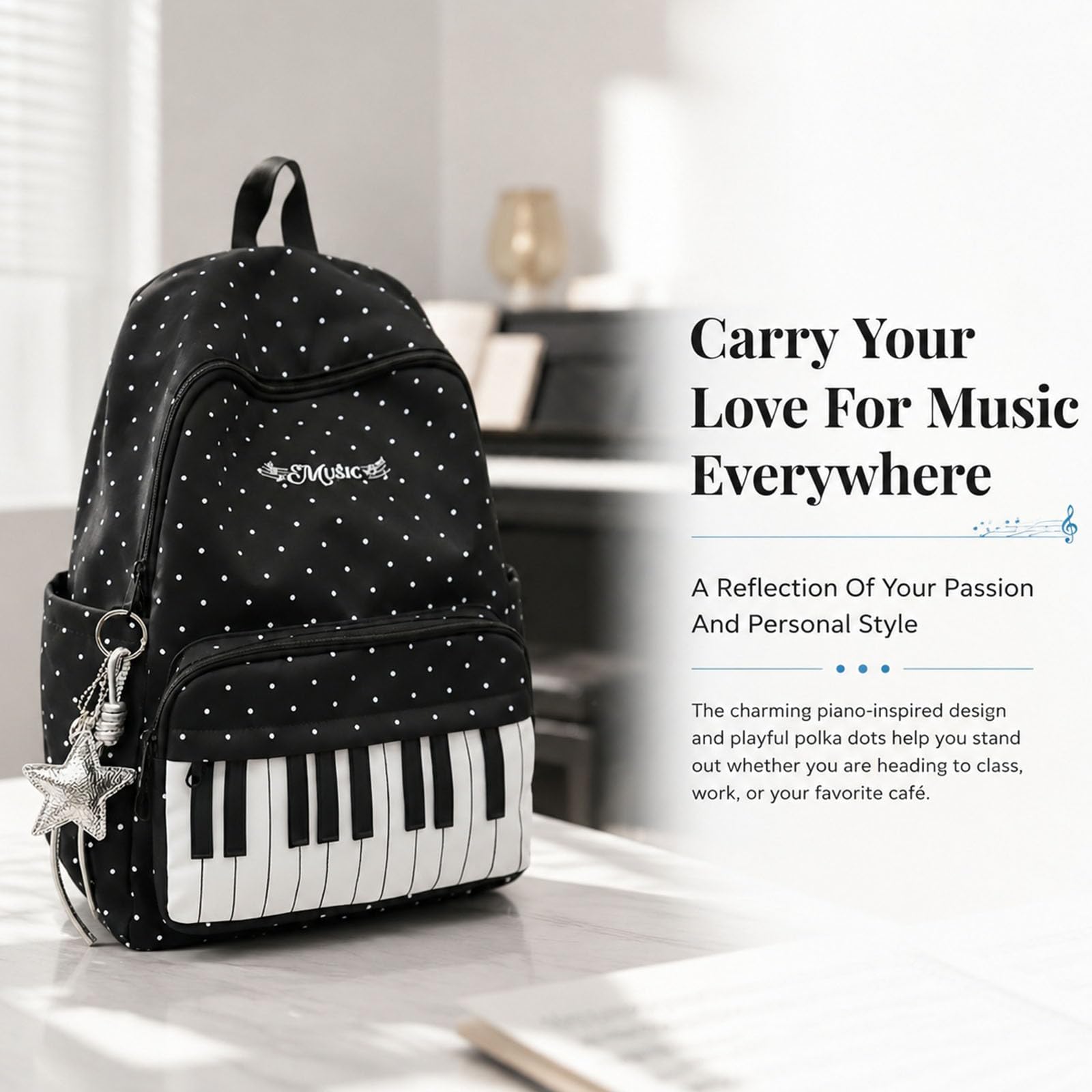 Jeeeun Piano Backpack, Cute Polka Dot Music Backpack for Women with Pendant, Lightweight Daypack for College, Travel & Everyday Use (White)
