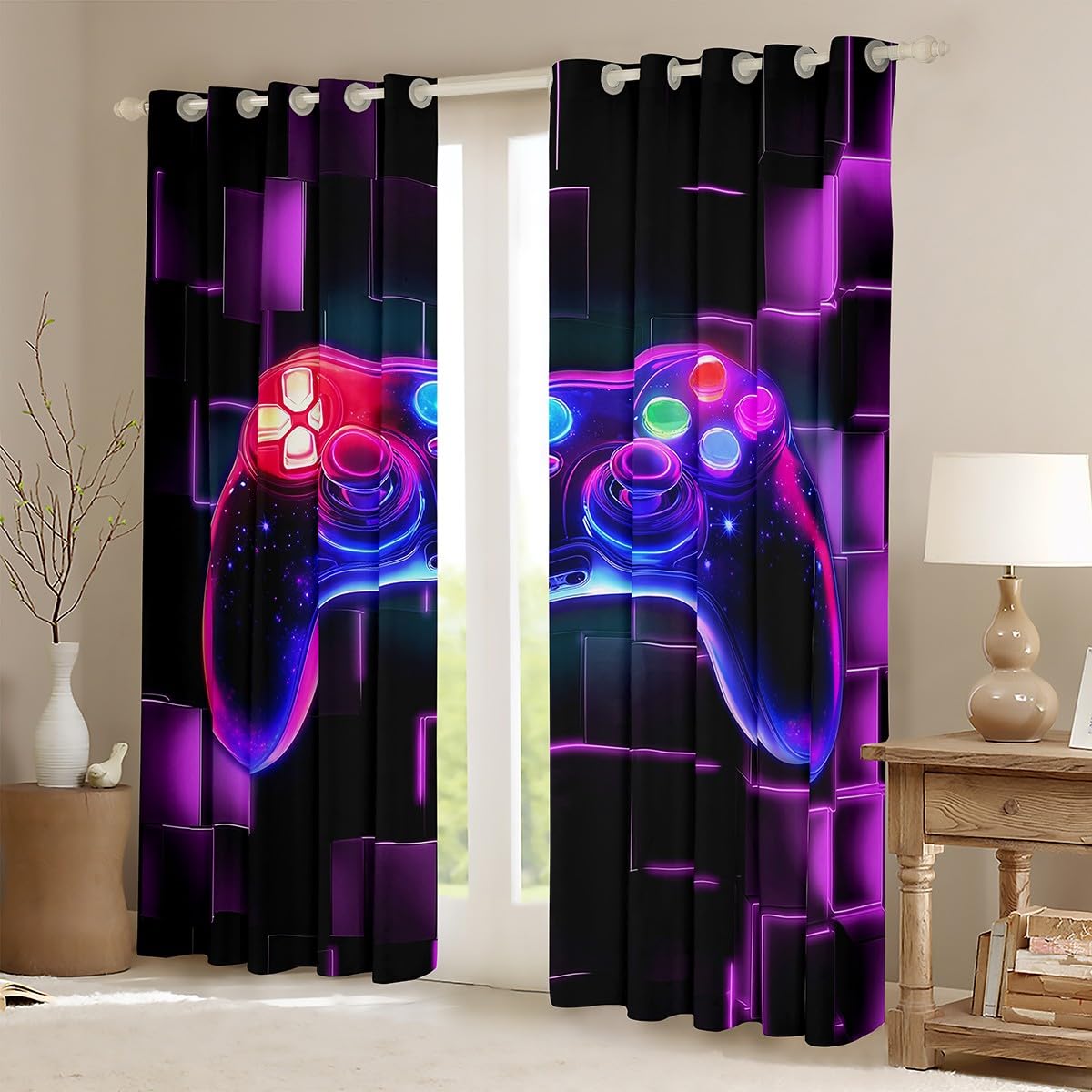 Homewish Rideau Gamer Violet, Rideaux Voilage Enfant Gaming Deco Chambre Ado Garcon, Rideau Occultant 30%-50% Jeux Vidéo, Voilage Fenetre Carrée Géométrique Lumineuse Au Néon, 117x183 cm Lot de 2