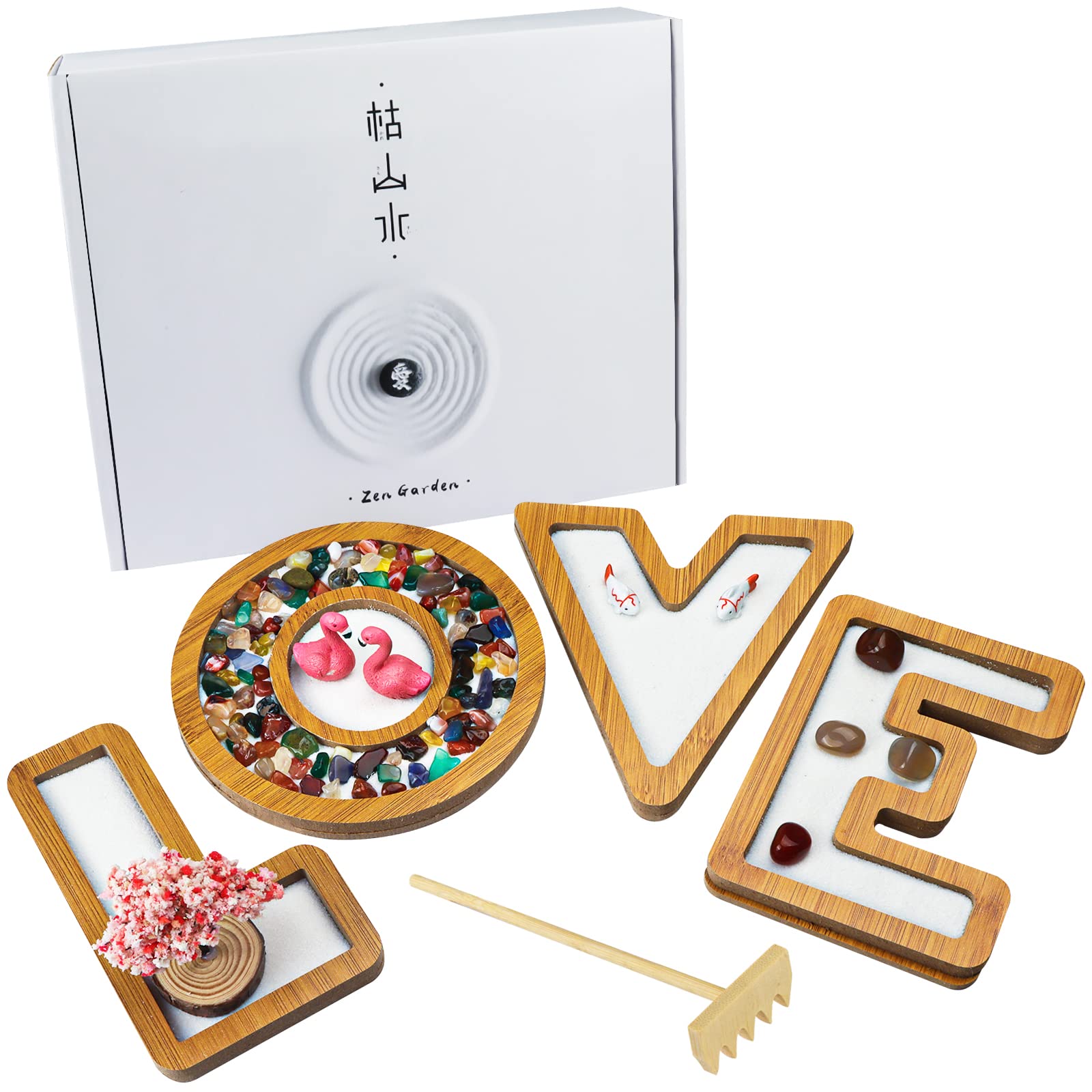 Photo 1 of 3 Melonva I Love You Gifts for Him Her L O V E 6" x 6" 4Pcs Mini Japanese Zen Garden for Desk with White Sand Accessories Father's Anniversary Decor Sand Garden Kit for Office