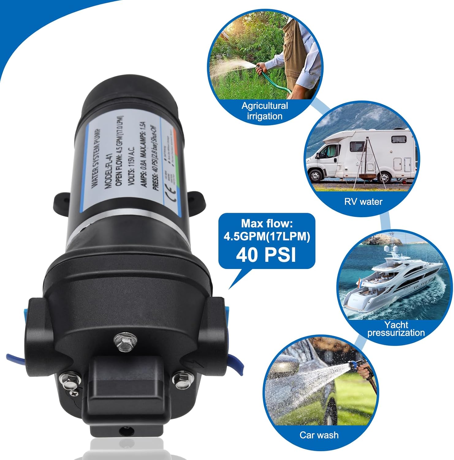 NovelBee AC 115V Self Priming Water Pressure Diaphragm Pump,4.5GPM Water Pressure Pumps for Boat Caravan RV Marine