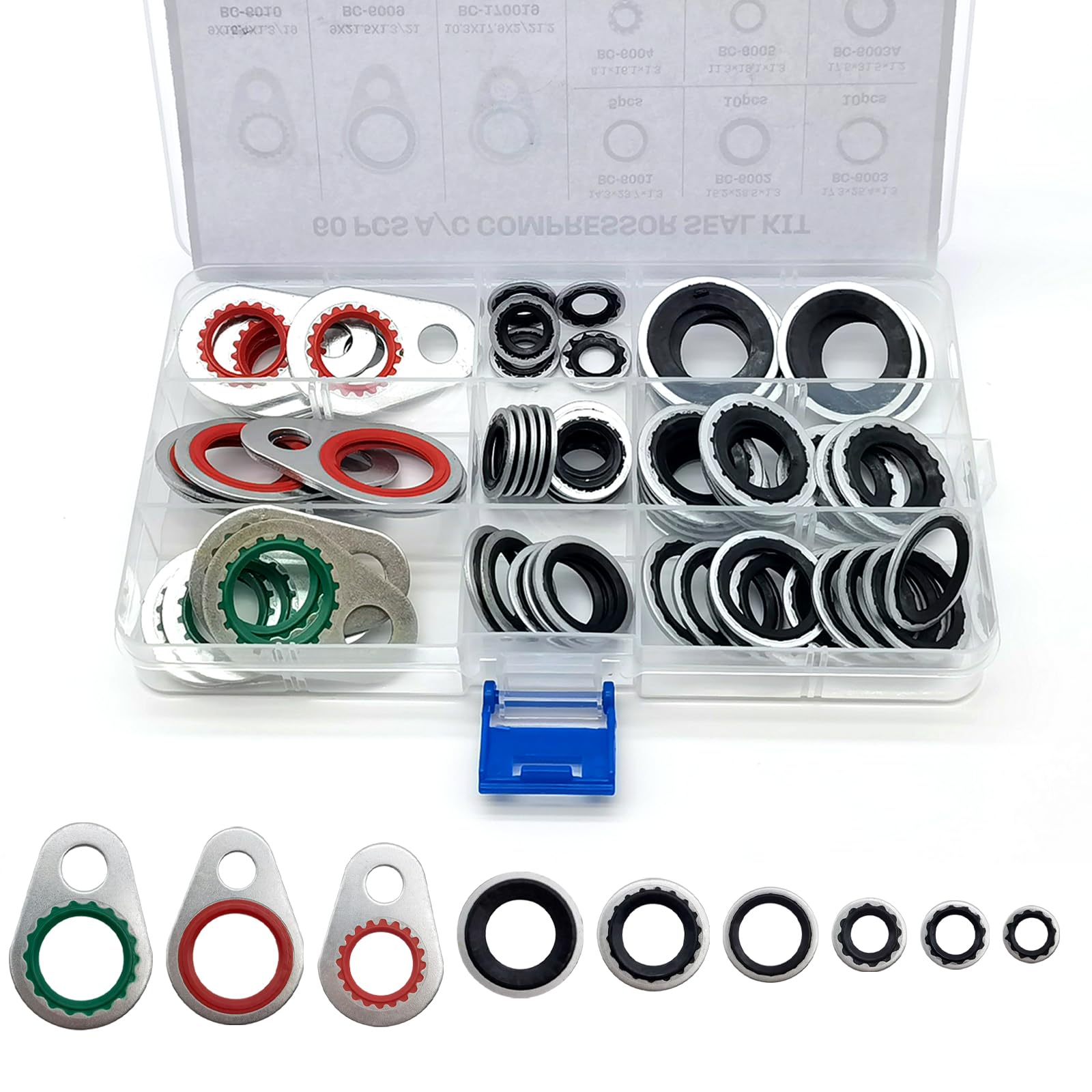 waswale 60 PCS Car Air Conditioning Compressor Gasket Assortment Set, Multi-specification A/C System Seals, Tight Fitting Leak-proof Gasket