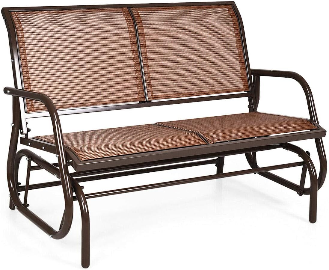 Brown Outdoor Swing Glider Bench Loveseat Rocker Lounge Glider Rocking Chair Steel Frame Construction Comfortable With Curved Backrest And Armrest Ideal For Garden Patio Front Porches Backyard Use