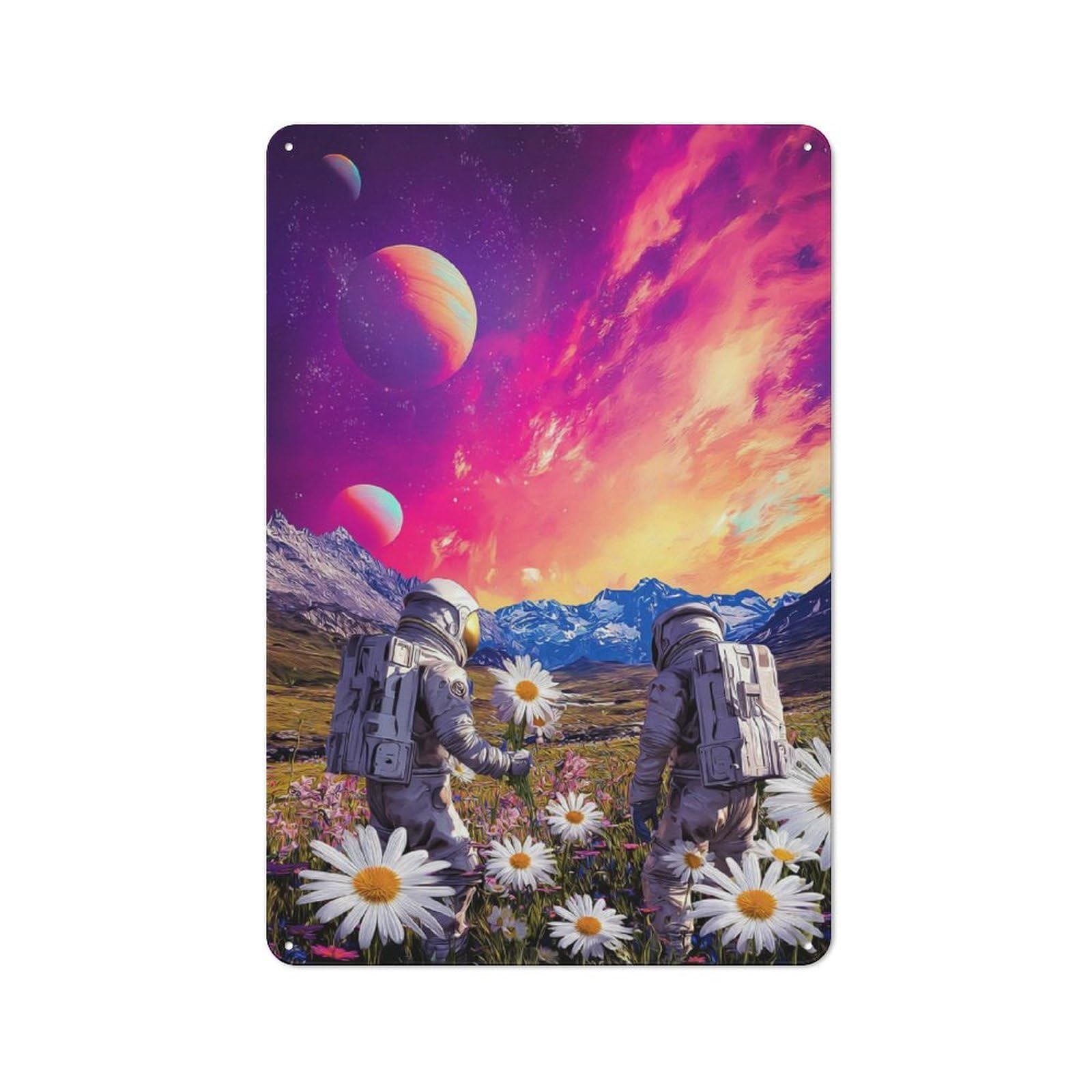 Junmoney Astronauts In A Field Of Flowers Decorative Tin Plaque With Design 30X20cm, Classic Novelty Wall Art For Flat, Dorm Room, Lounge Or Cafe