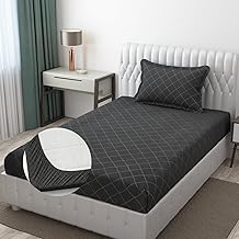 Blue Strip 220TC Glace Cotton Elastic Fitted Bedsheets Single Bed with 1 Pillow Cover | Single Bed with All Around Elastic, Size 36 X 72 Inches (Grey Check), Small_Single