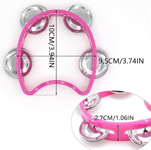 Miniatura 3 de Cheerock Paquete de 2 panderetas de mano de percusión de plástico con 4 cascabeles, mini campanas de percusión rosa, instrumentos de ritmo musical
