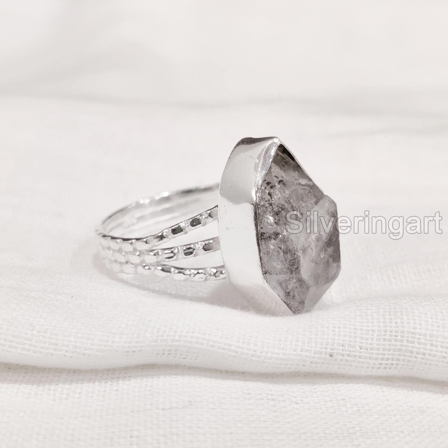 Natural Herkimer Diamond Ring, Rough Herkimer Diamond Ring, 3 Doted Band, 925 Sterling Silver, Womens Ring, Christmas, Thanksgiving, Handmade, Statement Jewelry, Raw Gemstone Jewelry - Image 5