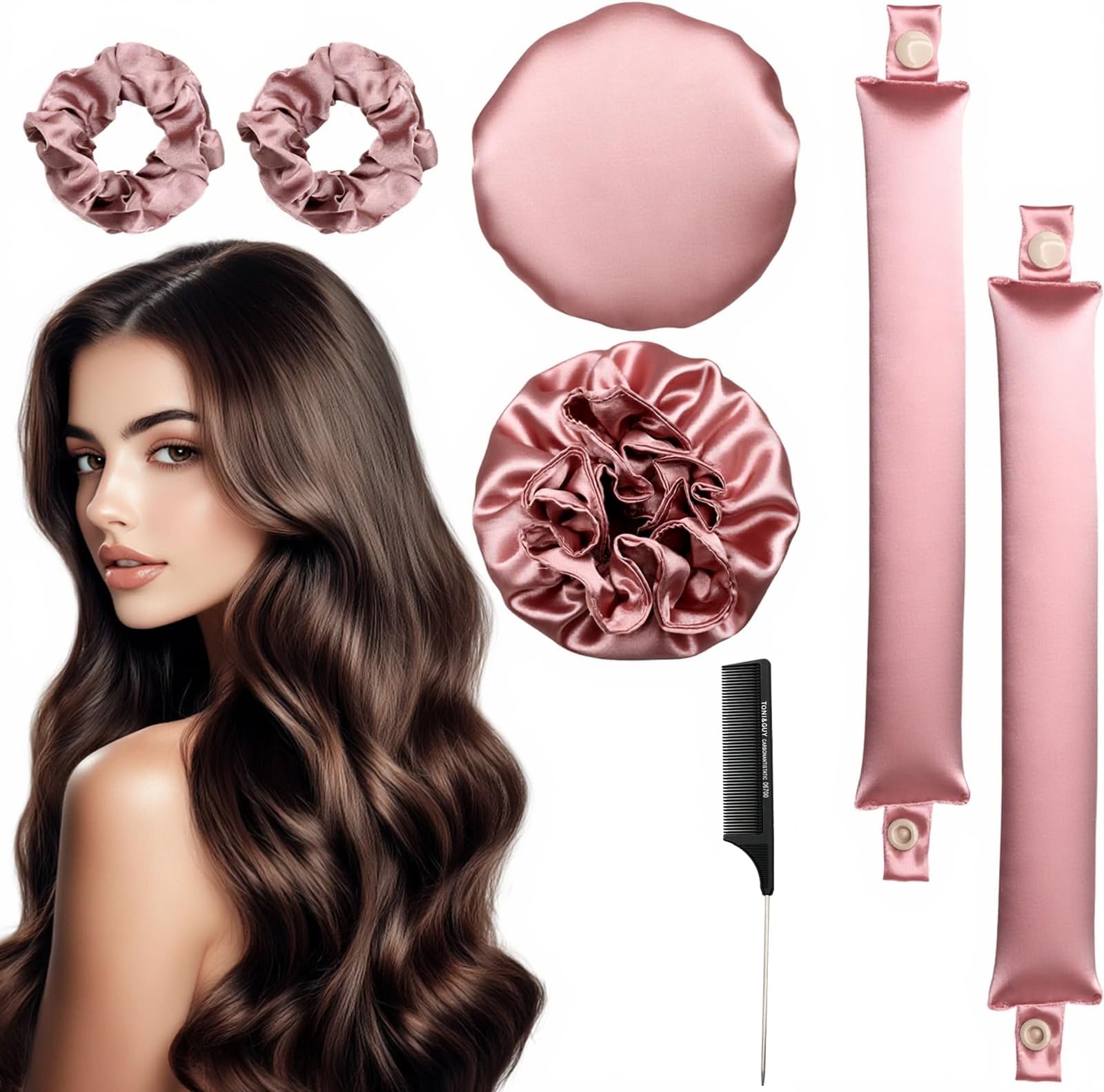 2 Pairs Heatless Hair Curlers Heatless Curlers Headband, Bun Bons Satin Heatless Curls Set Heatless Curling Rod, For Sleeping Overnight Lazy Curlers DIY Hair Styling Tools-Pink
