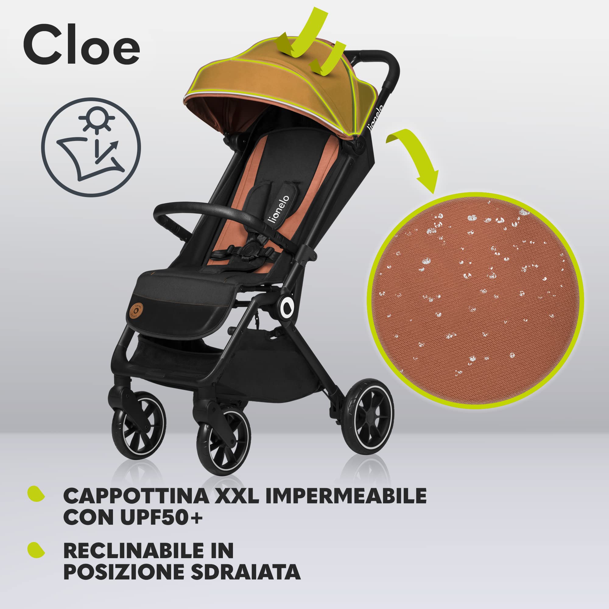 LIONELO Cloe Passeggino Leggero Pieghevole per Bambini fino a 22 kg | Dalla Nascita, Schienale Regolabile, Posizione Nanna, Impermeabile, Cinture 5 Punti, Ruote XXL, Zanzariera e Portabicchieri