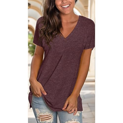 Womens T Shirts Basic V Neck Tee Loose Fitting Casual Short Sleeve Tops