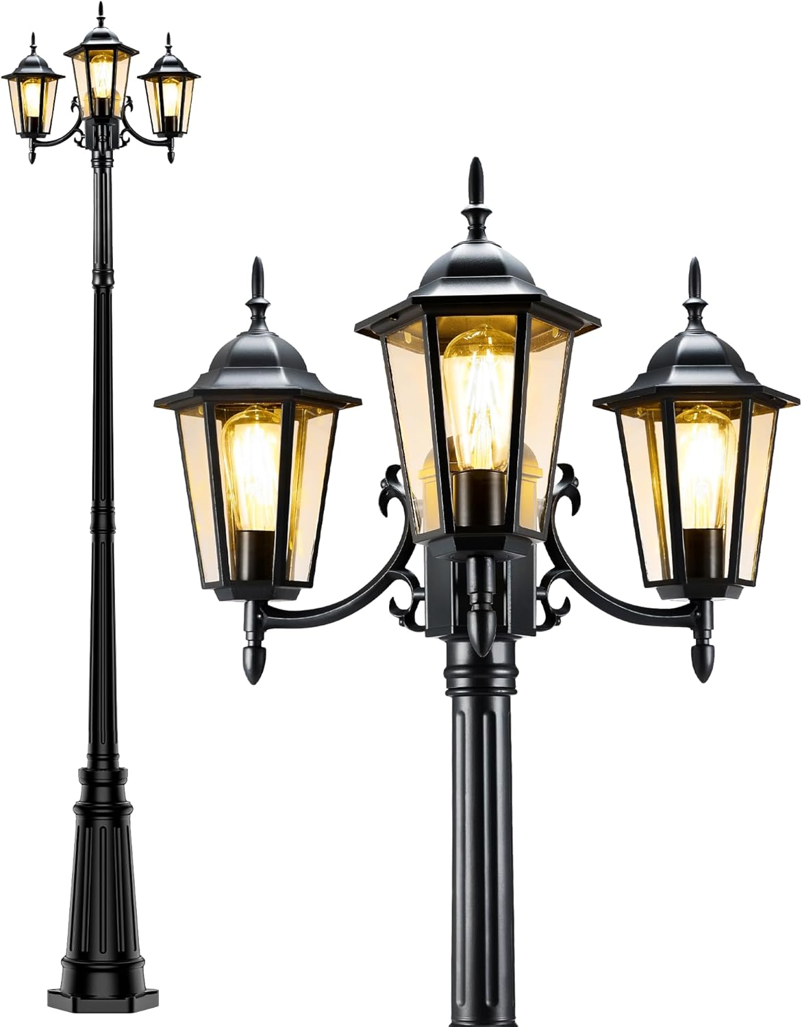 Lamp Post Outdoor Lighting, 3-Head Black Hard Wired Pole Light for Outside, E26 Base Maximum 100W (Bulb Not Included), Waterproof Street Light Fixture for Yard, Garden, Driveway (Contemporary)