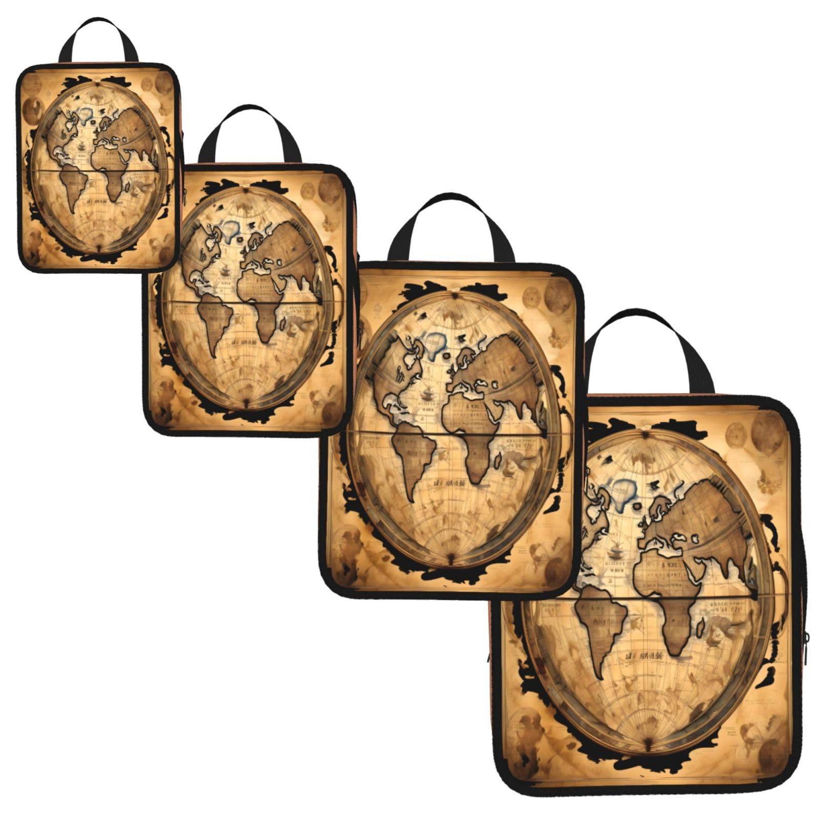 Ancient Map World Globe Print 4 Set Compression Packing Cubes for Suitcases,Expandable Storage Bags Organizers