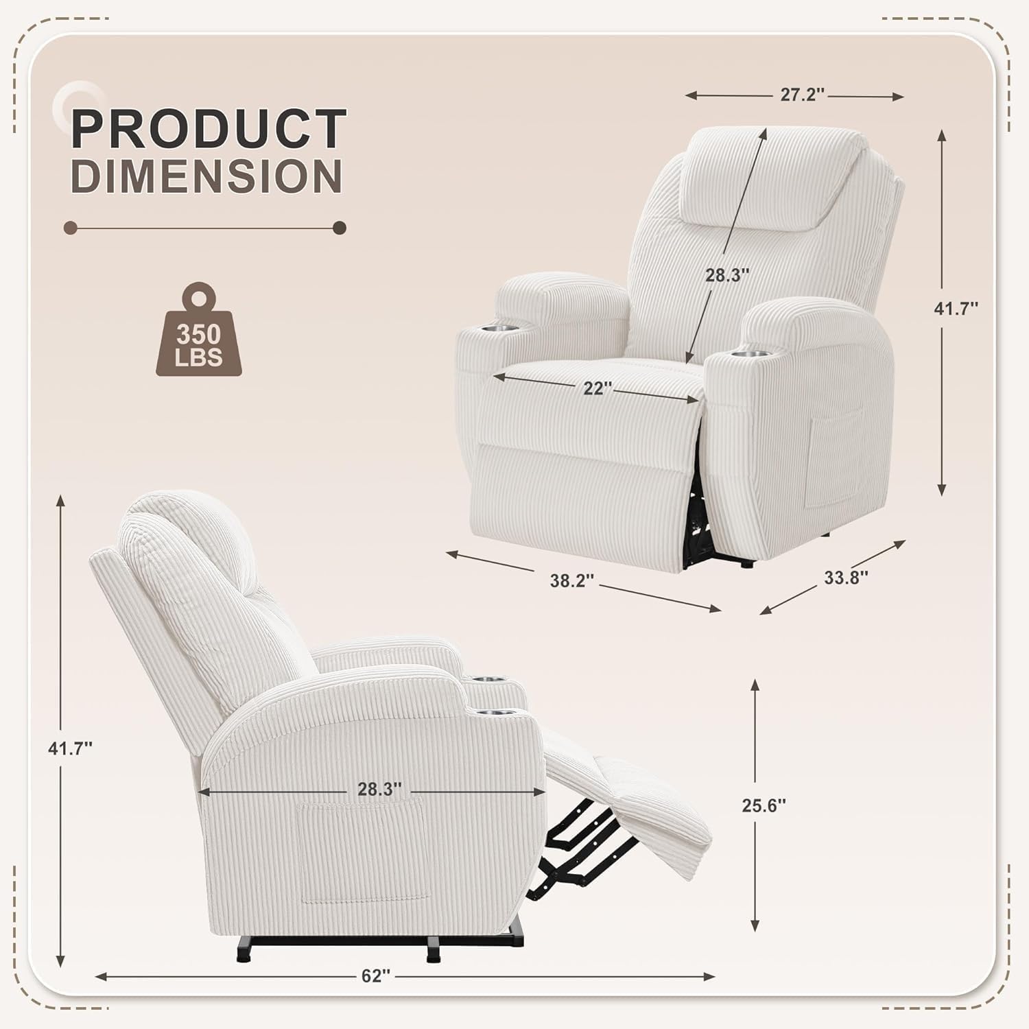 Genuine Leather Electric Oversized Power Lift Recliner Sofa with 8 Point Vibration Massage and Lumbar Heating, Living Room Chair with USB Ports and Cup Holders