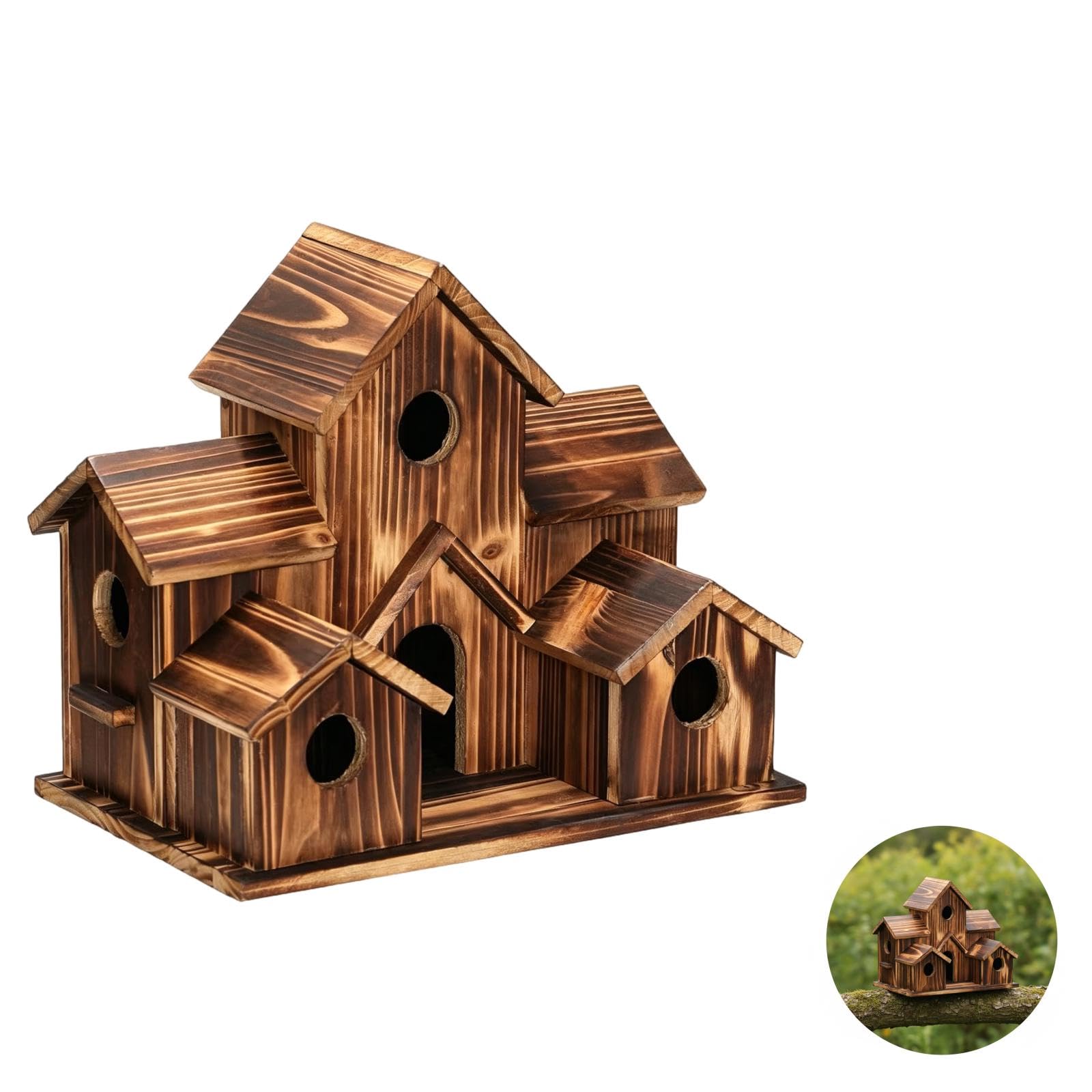 Vogelhaus aus Holz für draußen, Nistkasten im Villenstil aus karbonisiertem Holz, mit Schrägdach und Mehreren Eingangslöchern, für Garten, Terrasse, Dekoration, großes Vogelhotel