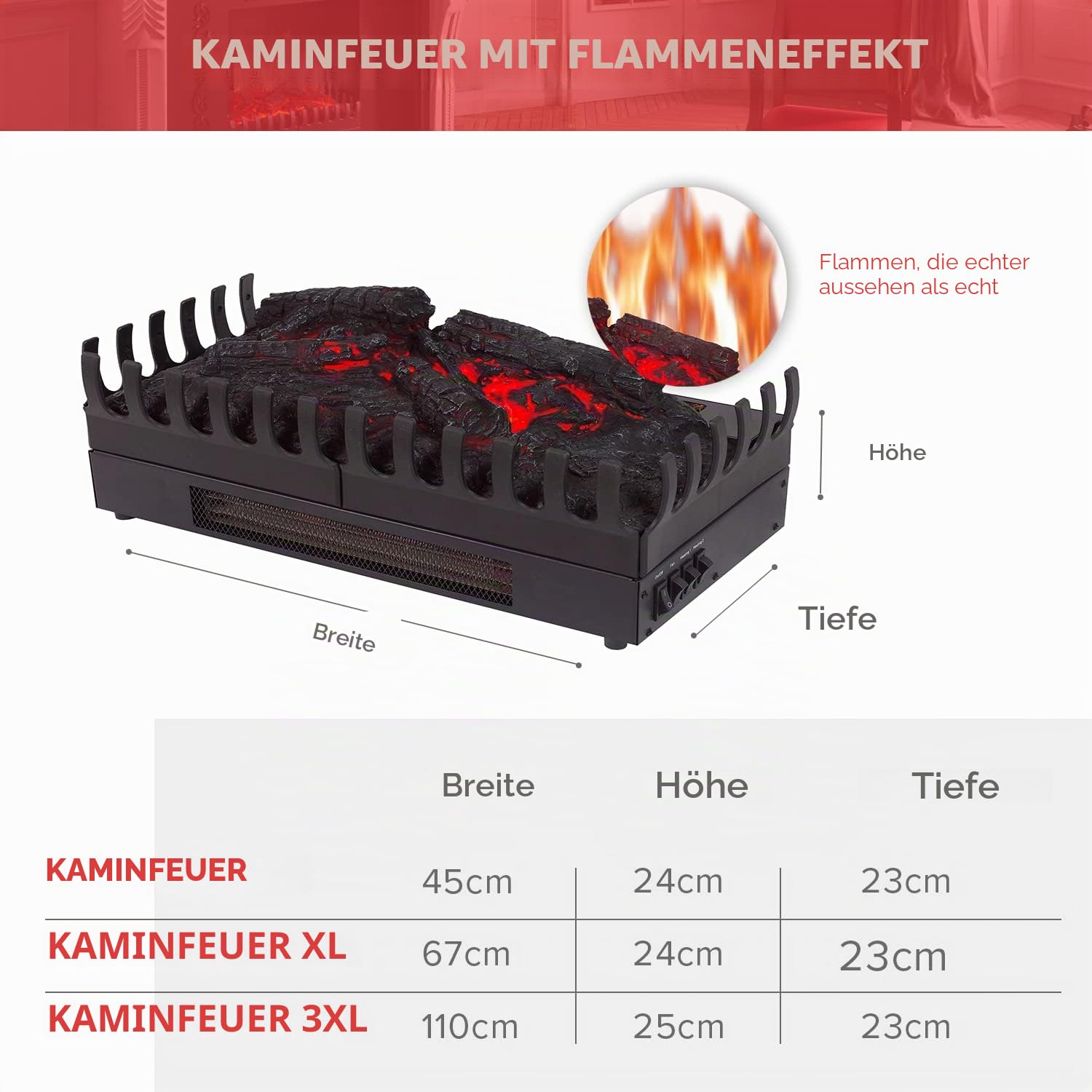 CHEMIN'ARTE Elektrokamin mit heizung - Elektrischer Solo-Stand - 67x23x24cm Kamin mit realistischem Flammeneffekt für Wohnzimmer und alle Innenraumbereiche - LED Lampen - Freistehender Elektrokamin