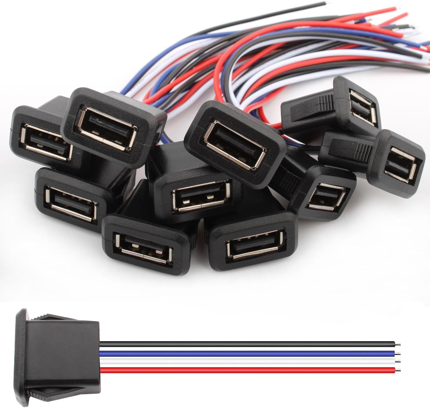 Pack of 10 USB Type A Female with Snap Groove Buckle 3A 4-Pin USB A Male Soldering 4-Wire USB A Installation Socket 22AWG USB A Female Cable USB A Female for Panel Mounting