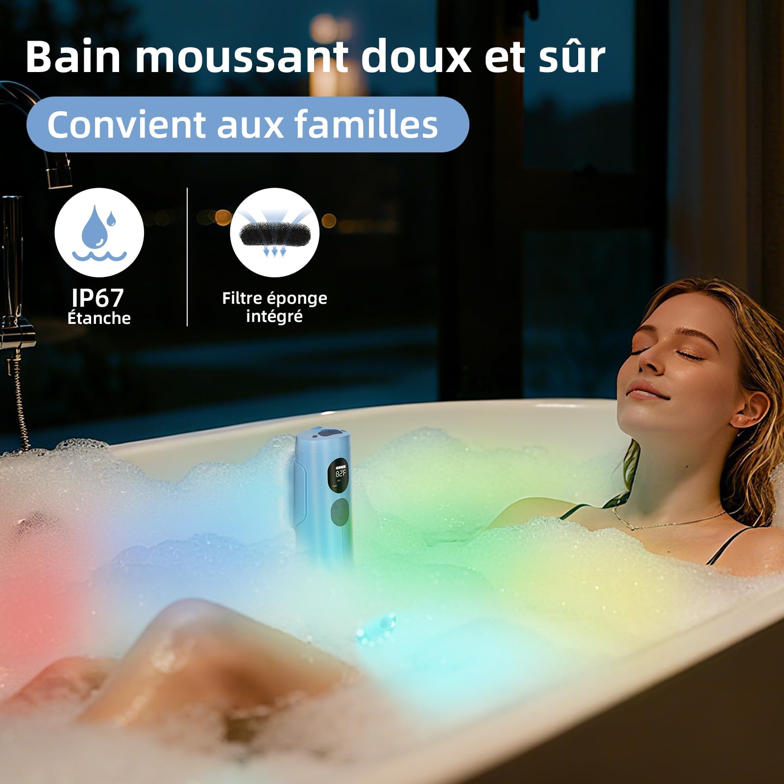 Spa de bain jet avec mode mousse, jet d'eau à 3 niveaux, 7 couleurs RVB, IP67, affichage de la température, plaisir du bain en famille à la maison