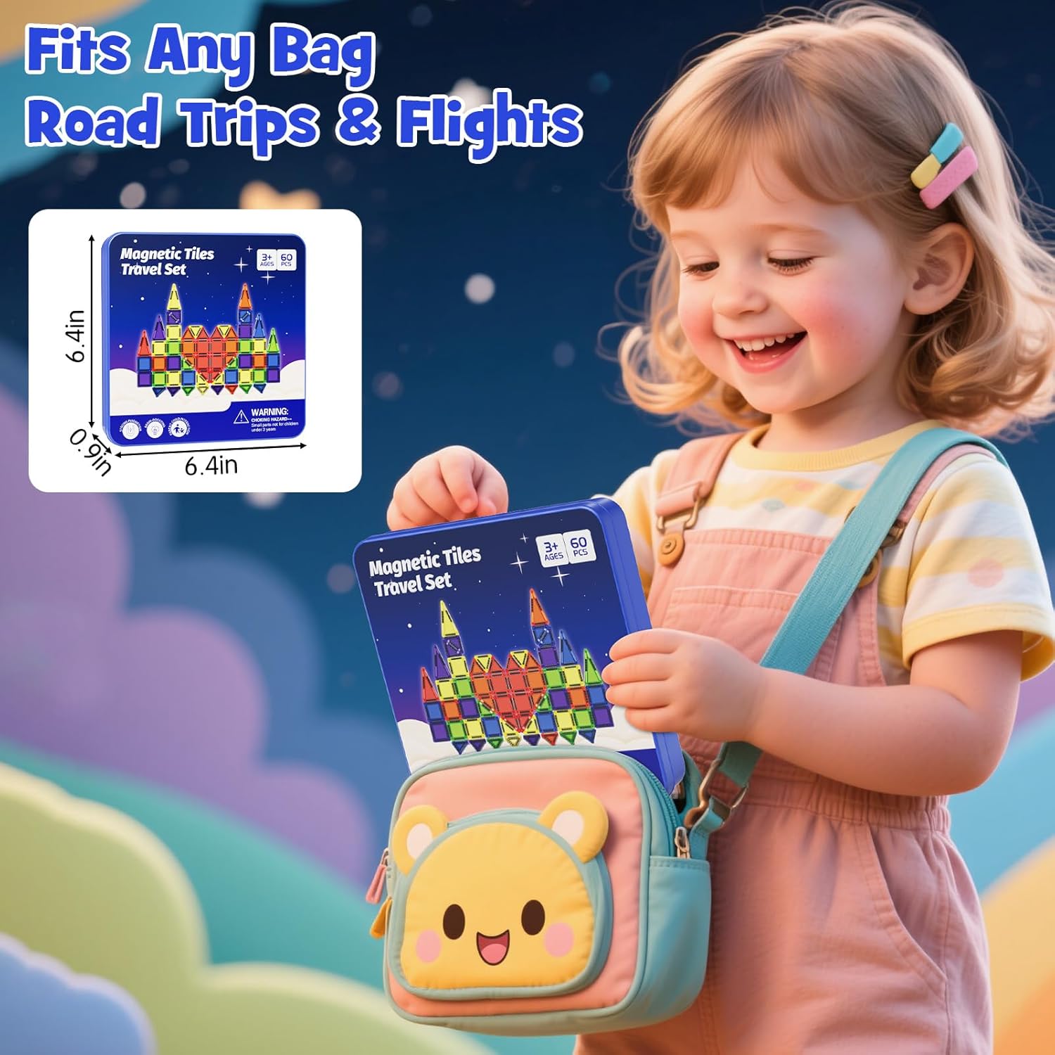 Mini Magnetic Tiles Travel Kit for Kids Ages 3-8, 60pcs Portable Magnetic Building Blocks with Visual Storage Guide & Metal Play Base, STEM Sensory Toys for Preschool Learning - Image 3