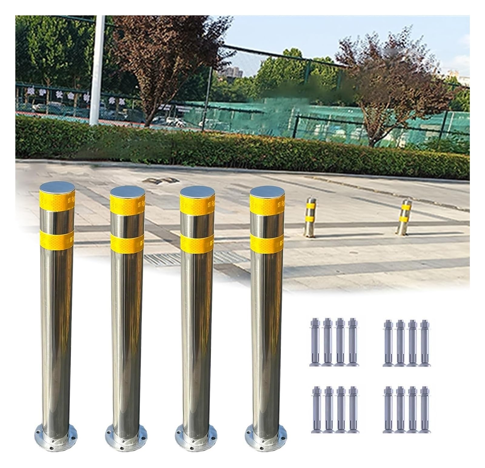 Bornes de sécurité réfléchissantes - Lot de 4 cônes de signalisation et poteaux de voirie avec base métallique pour la sécurité des allées - Poteaux robustes de 75 cm de hauteur pour une vis