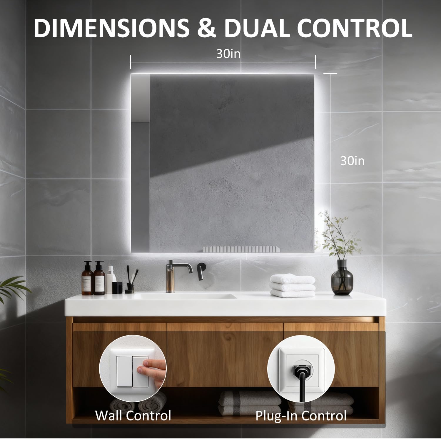 LED Bathroom Mirror 30"x30", 3-Colors Backlit, Stepless Dimmable, Anti-Fog, Memory, Wall Mounted Vanity Mirror with Lights, Eco Copper-Free, Perfect for Bathroom & Bedroom