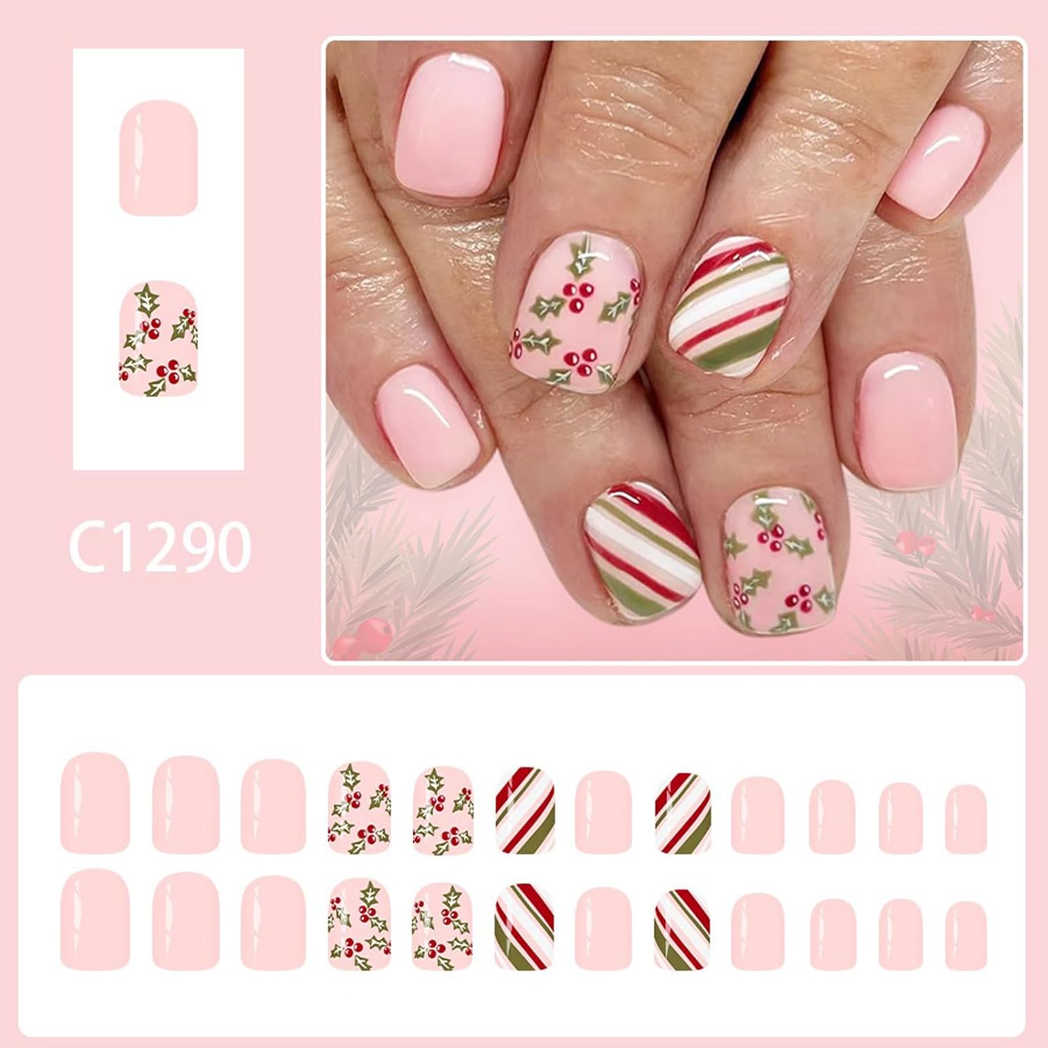 Christmas Press on Nails Short Square Fake Nails Pink Glue on Nails Holly Stick on Nail with Stripe Design Cute Xmas False Nail Glossy Full Cover Artificial Nail Reusable Acrylic Kit for Women 24Pcs New Pattern-6