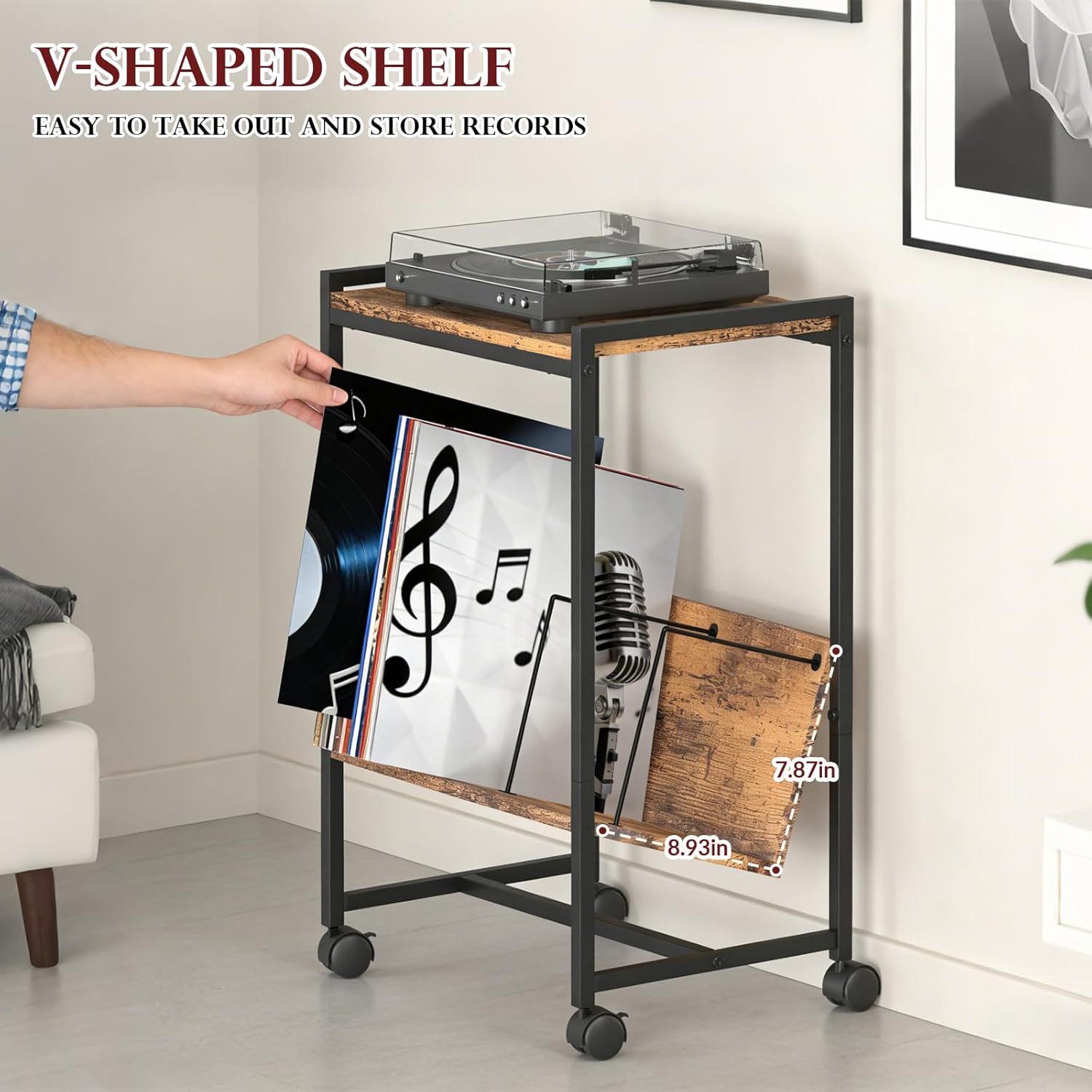 Record Player Stand with Vinyl Storage 2 tier Record Table Stand Brown Vinyl Record Shelf with Wheels Turntable Stand with Record Holder Album Vinyl Display Shelf Vinyl Player Cabinet
