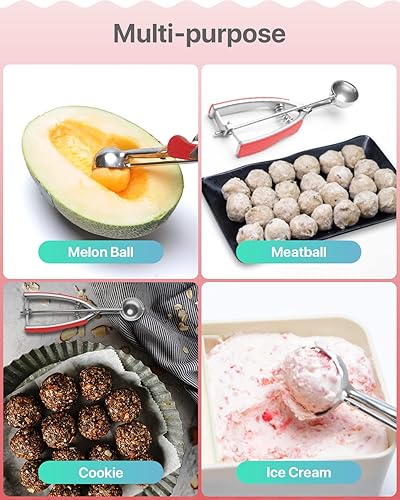 Miniatura 5 de Juego de 4 cucharas para hornear para hornear, color rojo, cucharas de helado de acero inoxidable 188 con liberación de gatillo, extra grande,