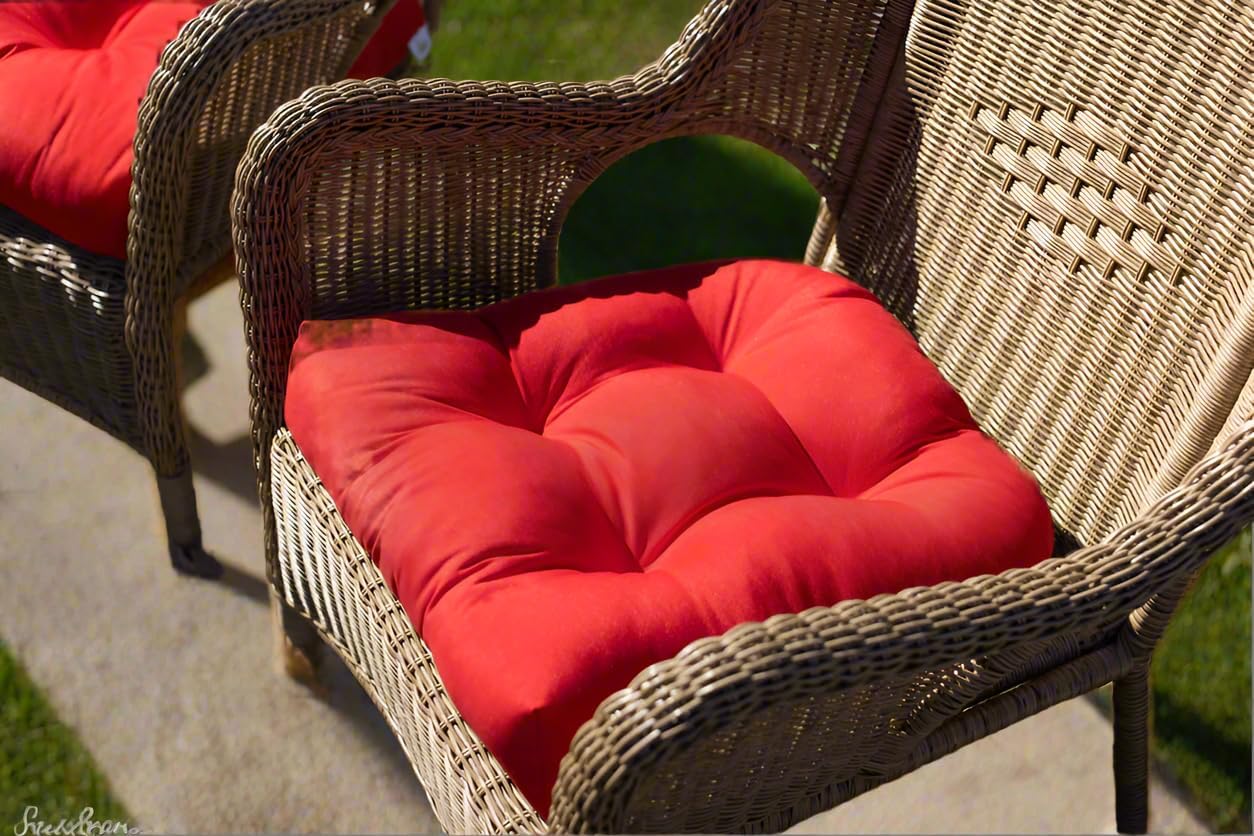 RSH DECOR: Sunbrella Tufted Wicker U-Shape Cushions Set of 2 | 19” x 19” | Water and Fade-Resistant Performance Fabric | Outdoor Seat Cushions for Patio Furniture | Canvas Jockey Red - Made in USA