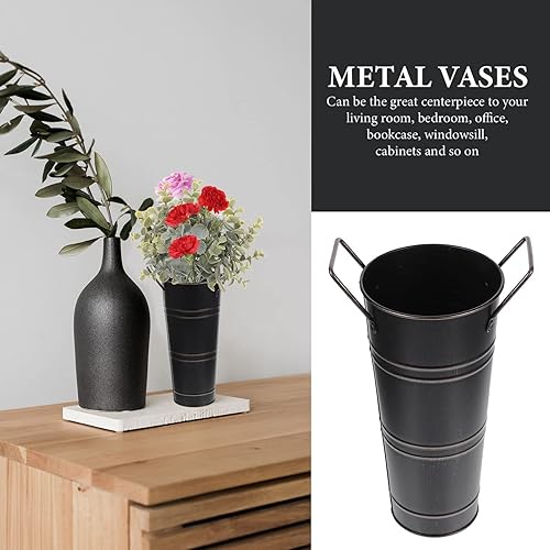 Miniatura 3 de SEWACC Florero de metal galvanizado, estilo retro, de granja, estilo francés, con asa, florero rústico para el hogar, boda (negro)